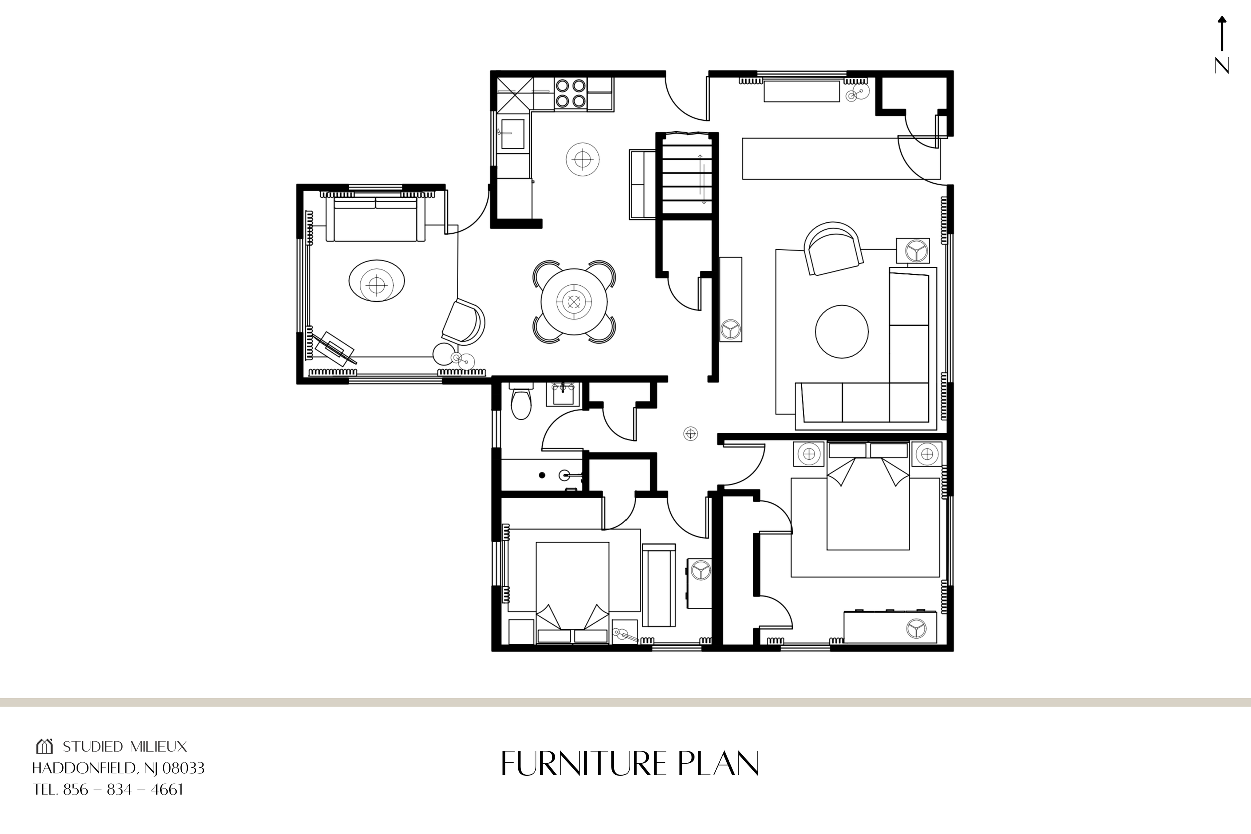 Whole home furniture plan and layout — Studied Milieux full room design, Haddonfield NJ