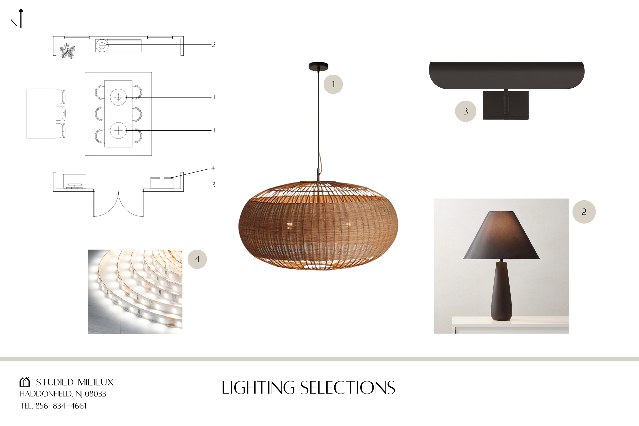 Curated dining room lighting selections with rattan pendant and dark accent fixtures — Studied Milieux interior design, Haddonfield NJ