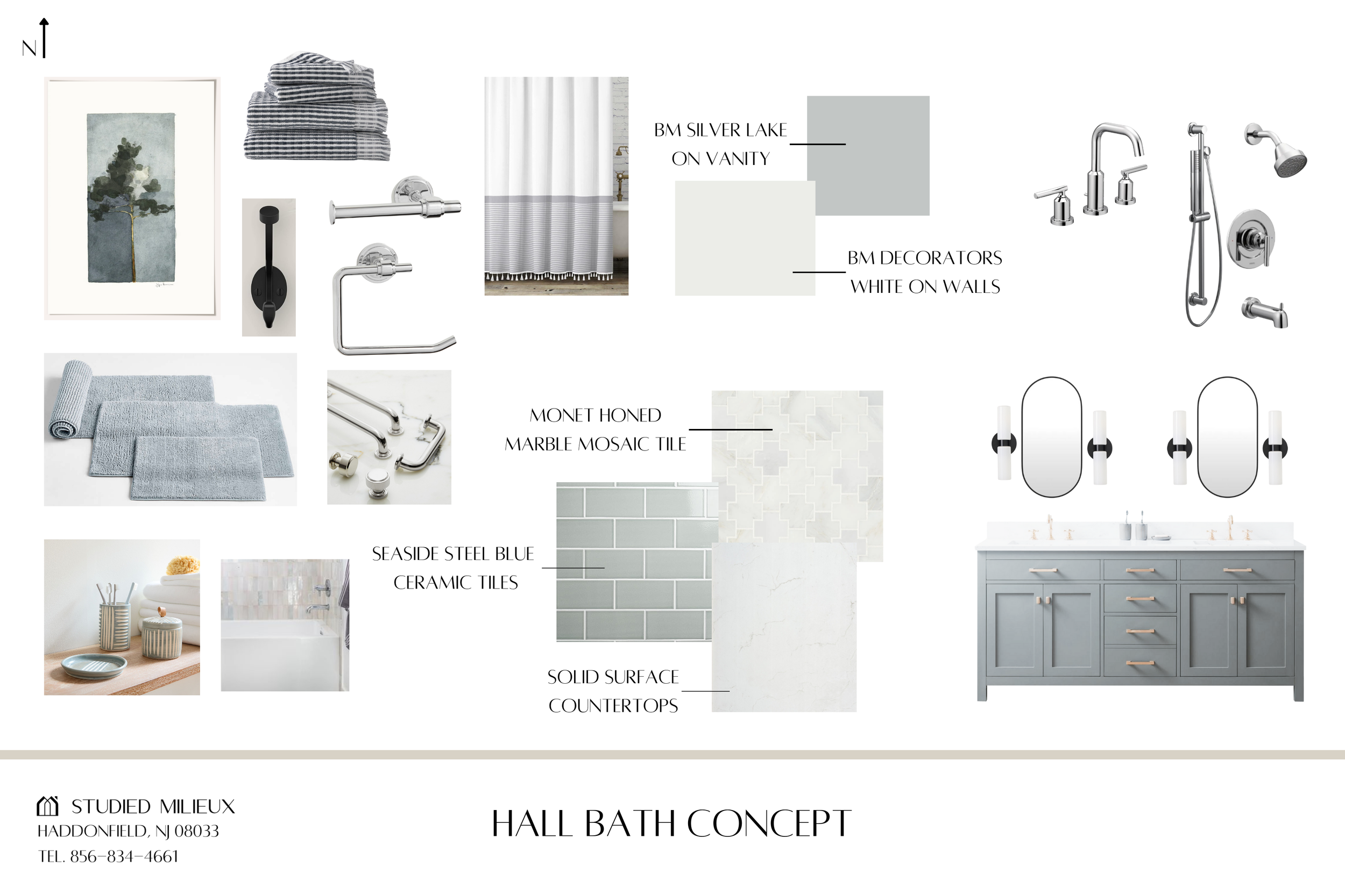 Hall bathroom design concept with silver lake vanity, marble mosaic tile, and chrome fixtures — Studied Milieux interior design, Haddonfield NJ