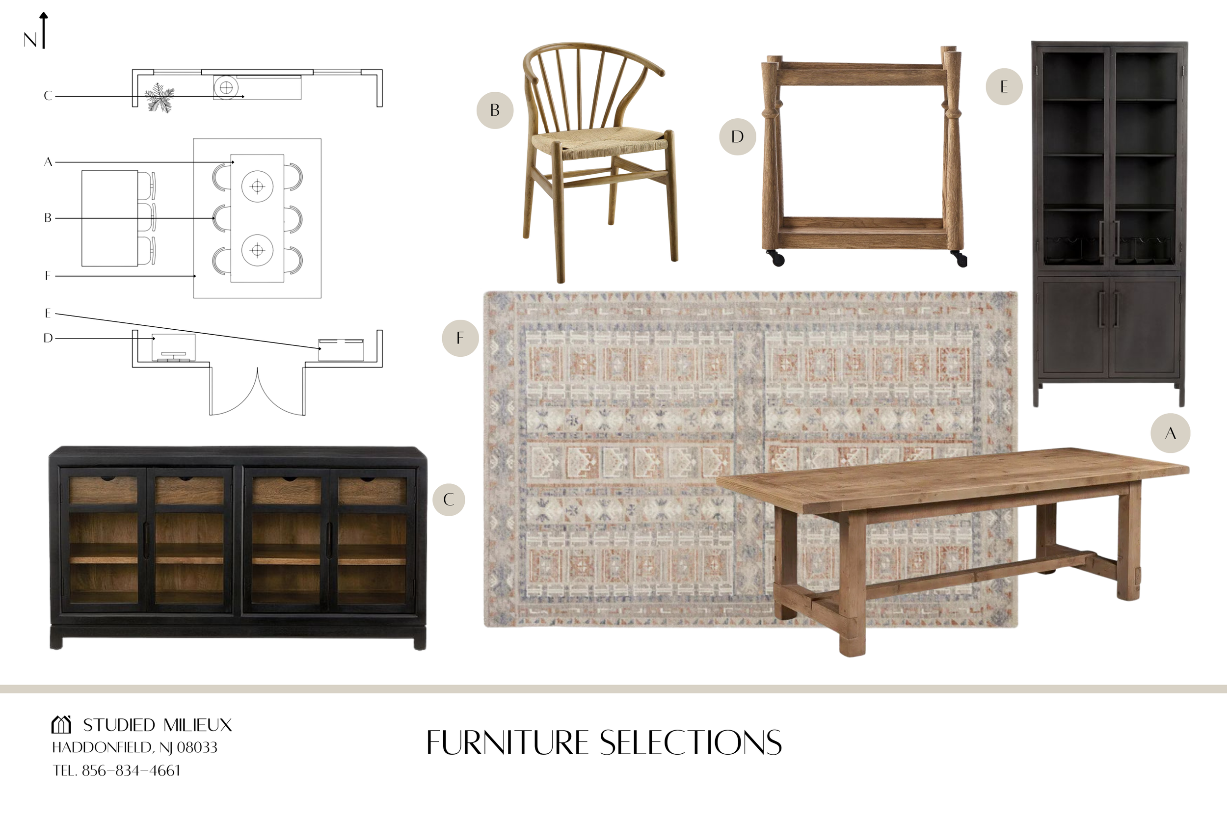 Curated dining room furniture selections including extension table, wishbone chairs, sideboard, and display cabinet — Studied Milieux, South Jersey