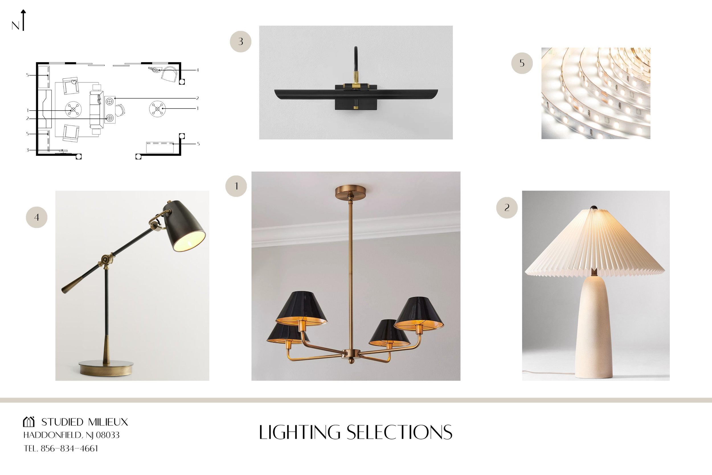 Curated living room lighting selections with brass chandelier, task lamp, and sculptural pendant — Studied Milieux interior design, Haddonfield NJ
