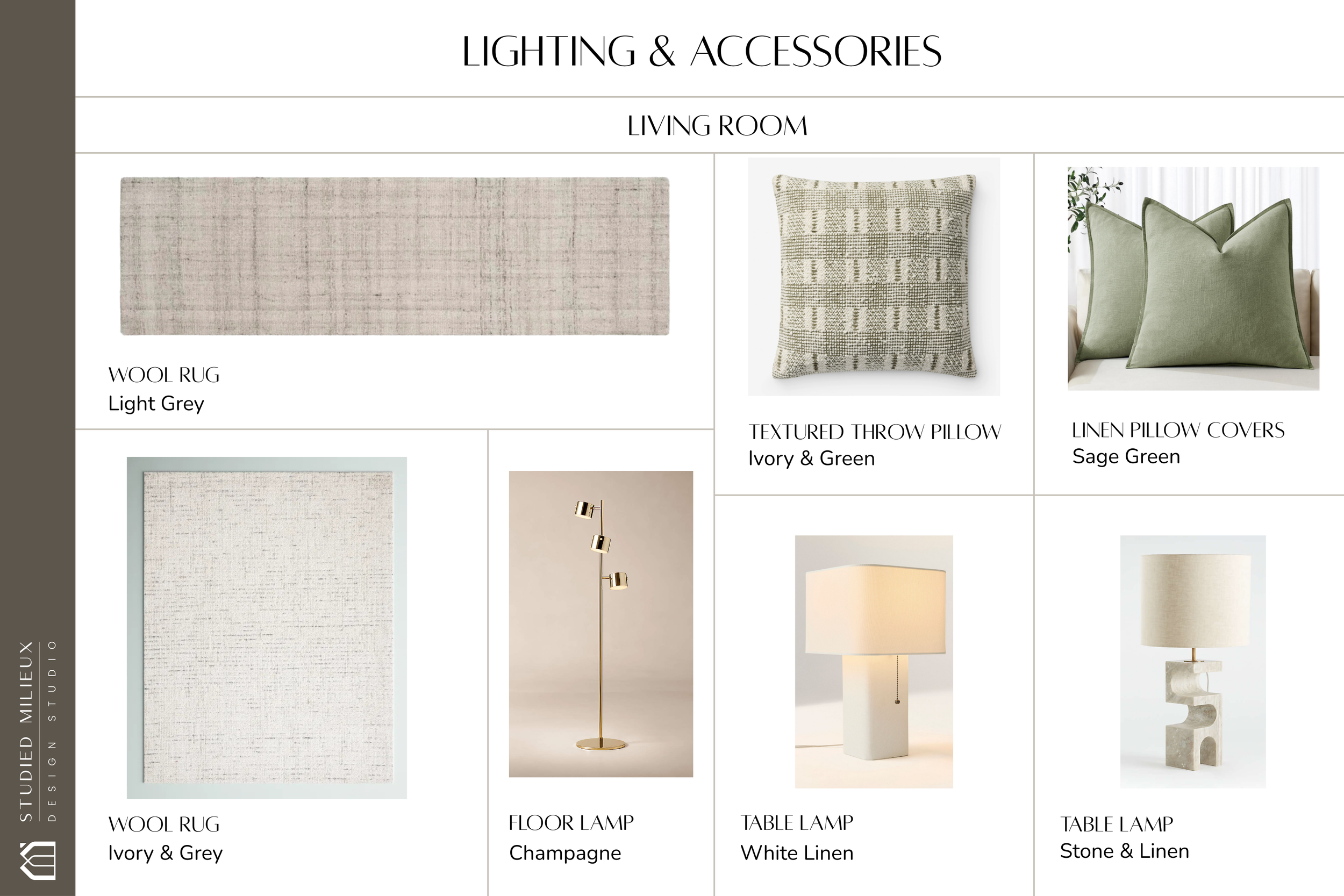 Curated living room lighting and accessory selections including wool rugs, sage green pillows, and champagne floor lamp — Studied Milieux interior design, South Jersey