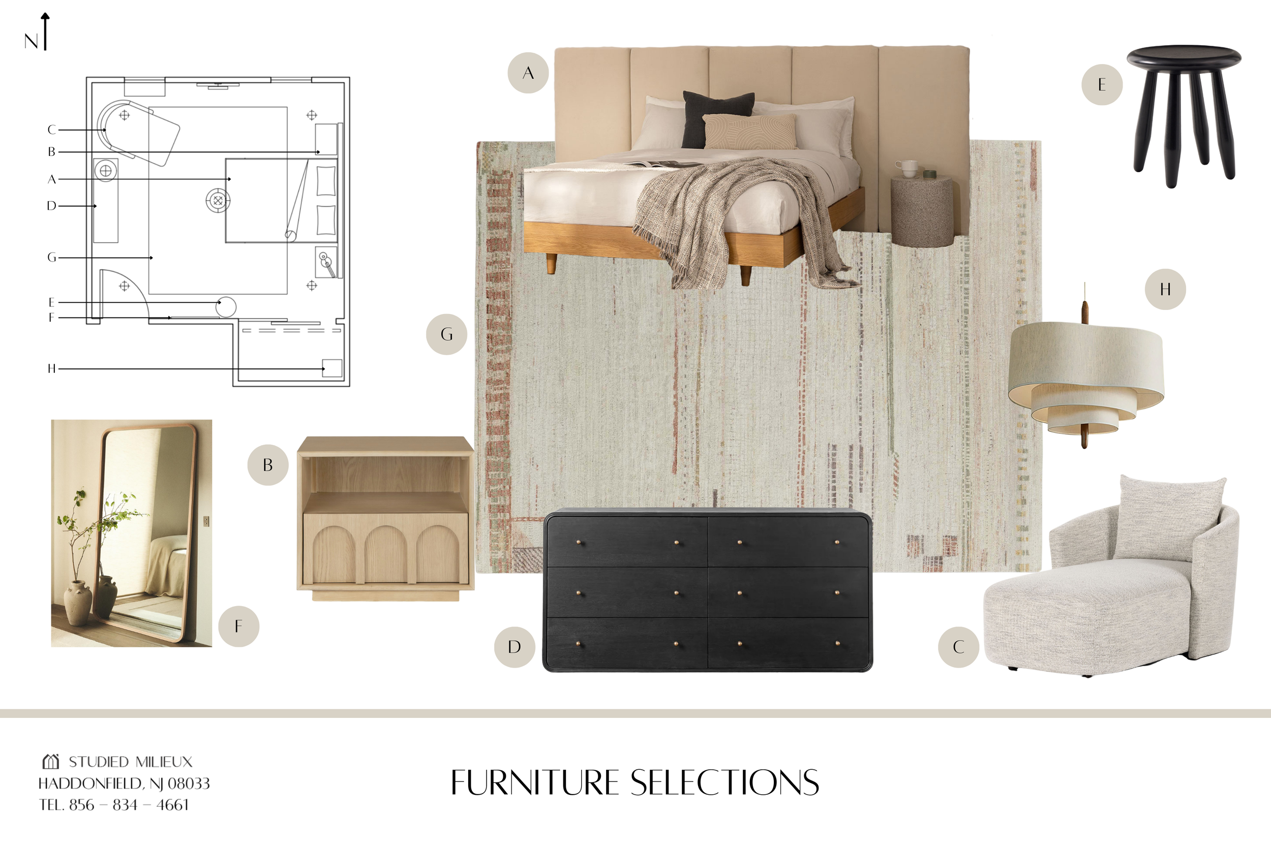 Furniture Selections Curated bedroom furniture selections including upholstered bed, lounge chair, and natural fiber rug — Studied Milieux interior design