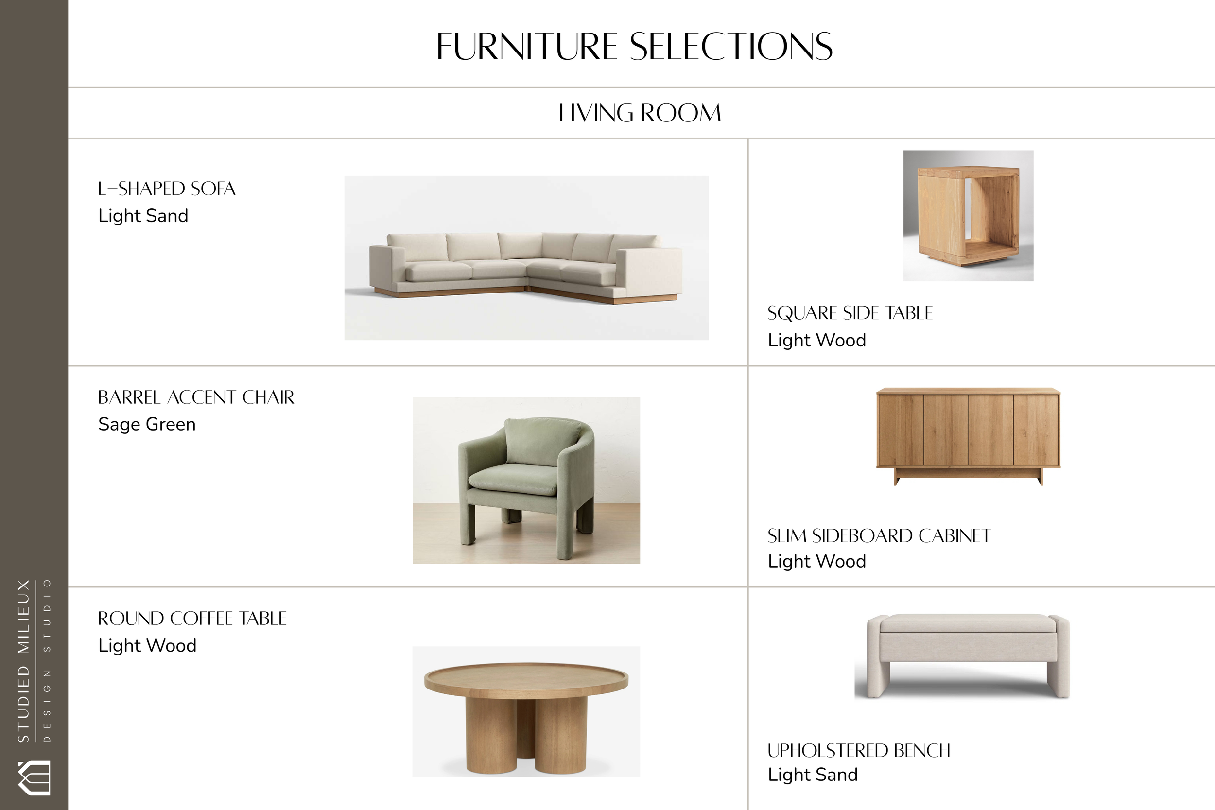 Curated living room furniture selections including L-shaped sofa, barrel accent chair, round coffee table, and light wood sideboard — Studied Milieux, Haddonfield NJ