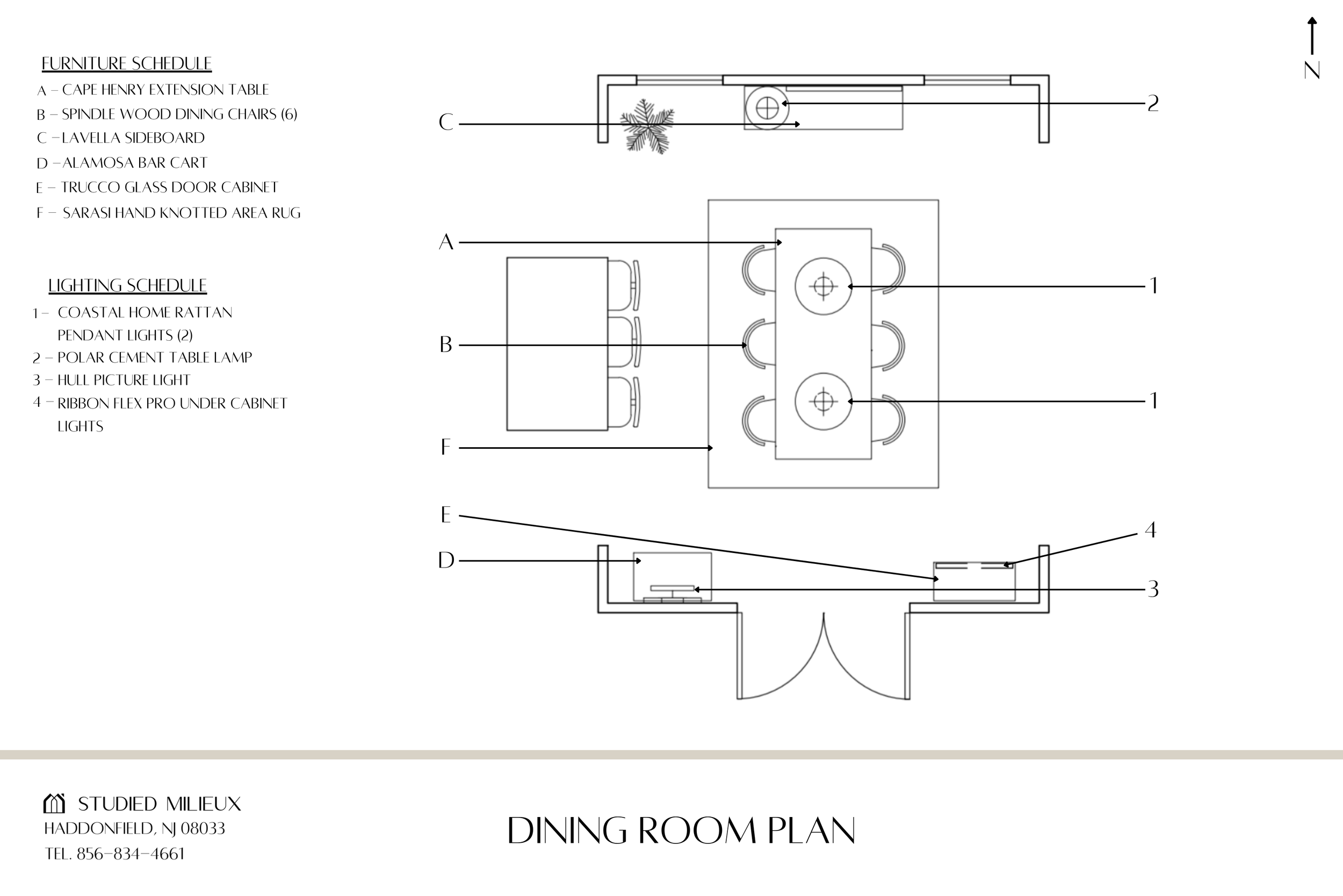 Virtual dining room floor plan with furniture schedule — Studied Milieux interior design, Haddonfield NJ