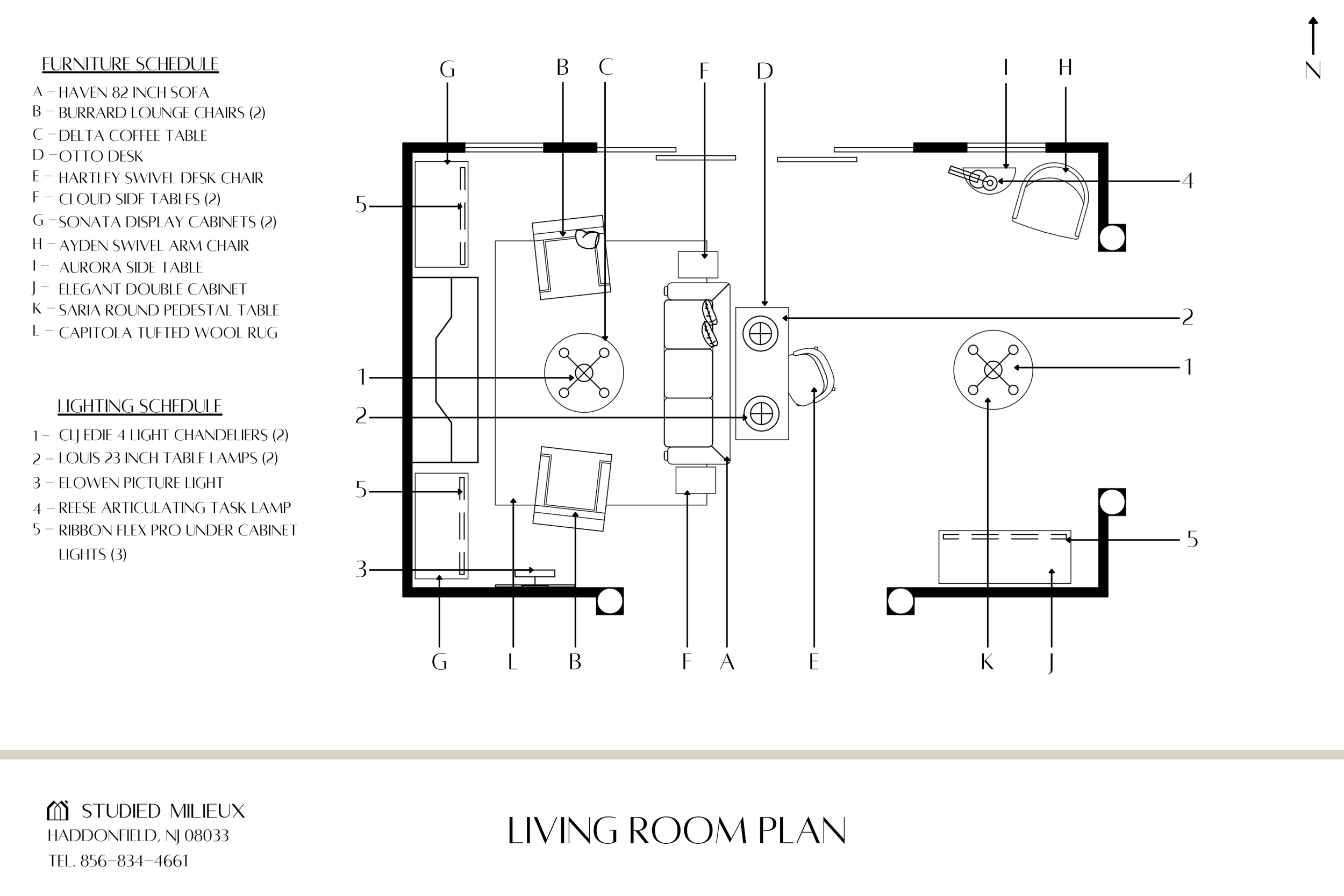 Virtual living room floor plan with furniture schedule — Studied Milieux interior design, Haddonfield NJ