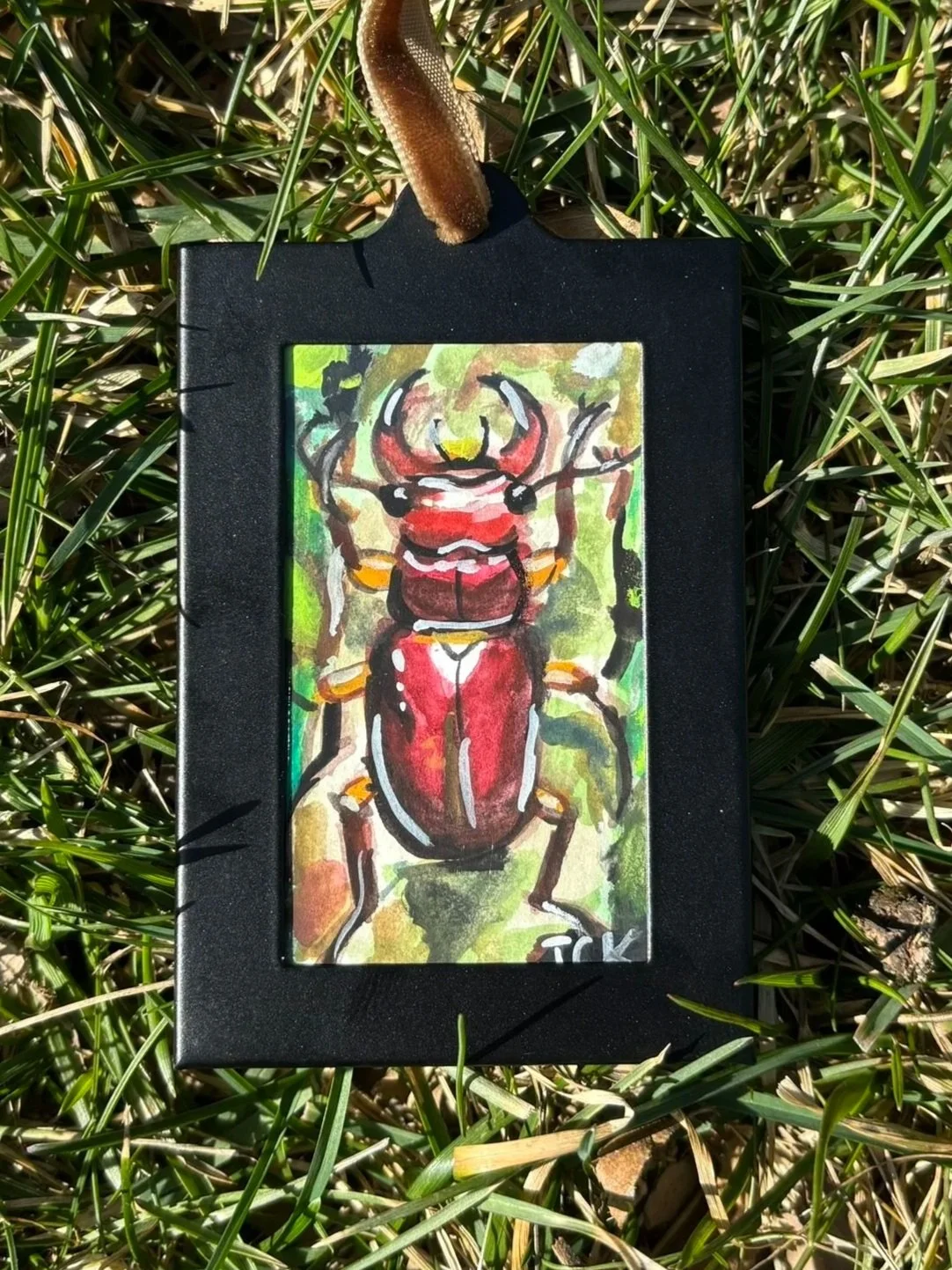 Reddish Brown Stag Beetle, 2x3 inches, 2026, gouache on multimedia paper - SOLD