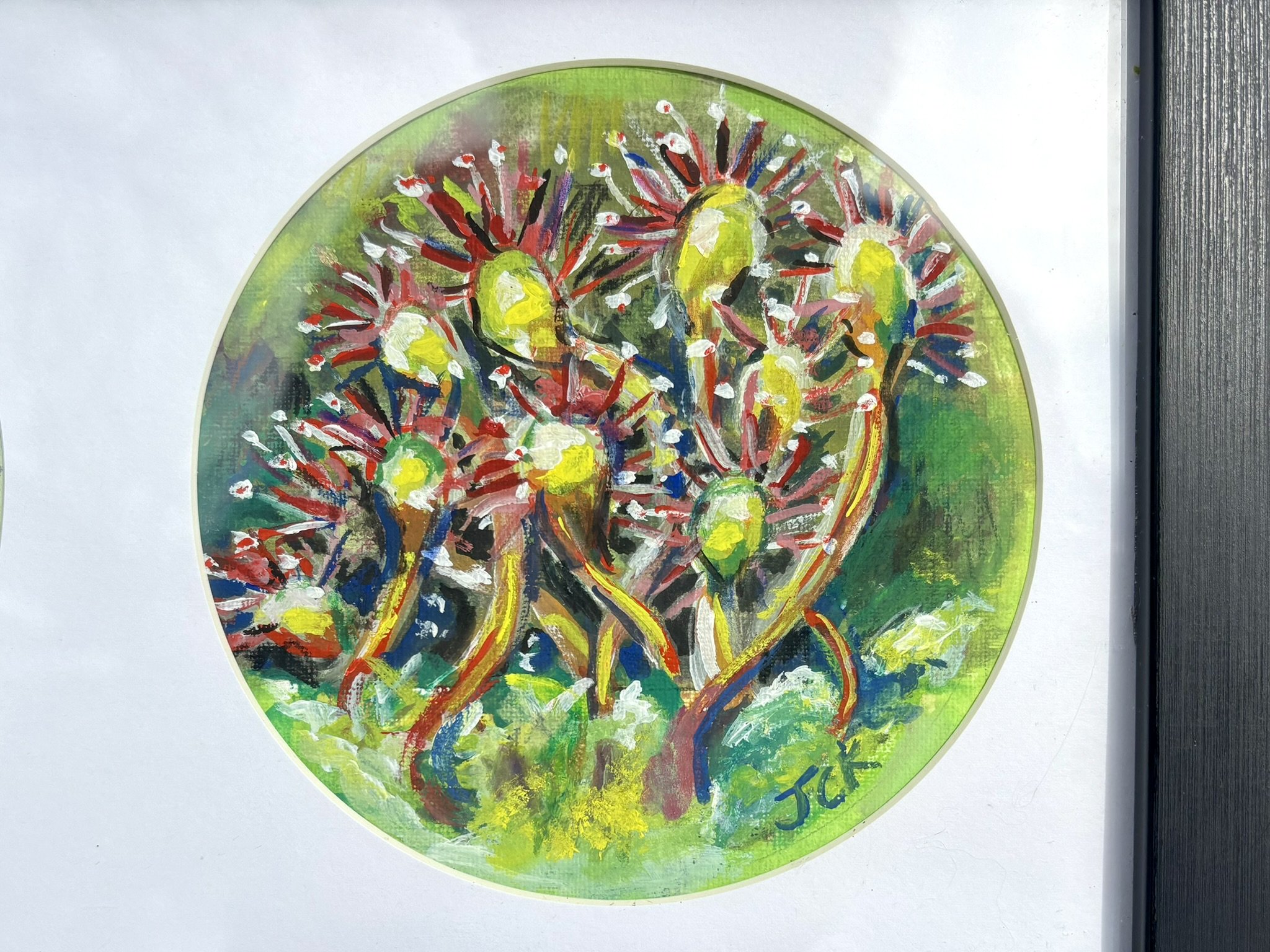 Carnivores, 2026, gouache and colored pencil on canvas paper in a 5.5x16.5 inch thrifted frame