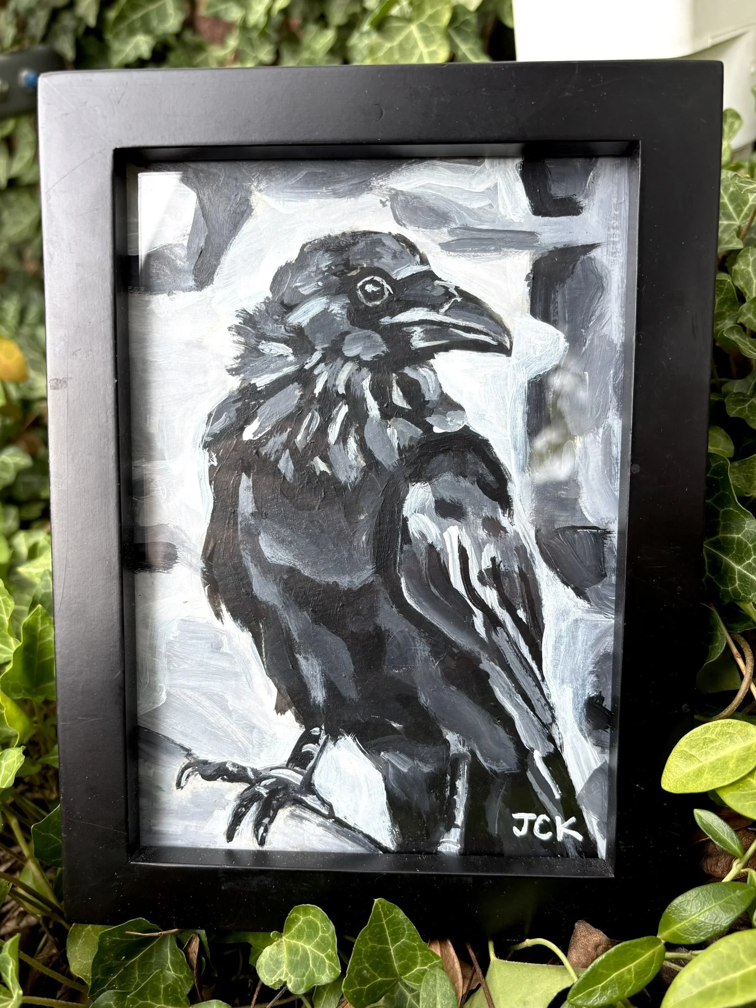 Raven, 2026, 5x7 inches, acrylic on multimedia paper in a 6x8 inch thrifted frame