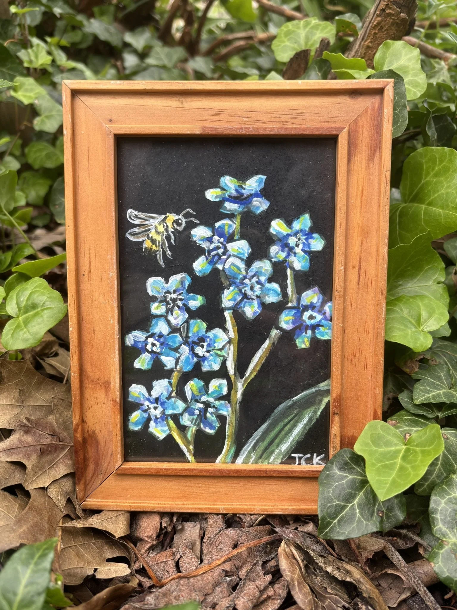 Forget-Me-Nots, 2026, 4x6 inches, gouache and acrylic on multimedia paper in a thrifted frame