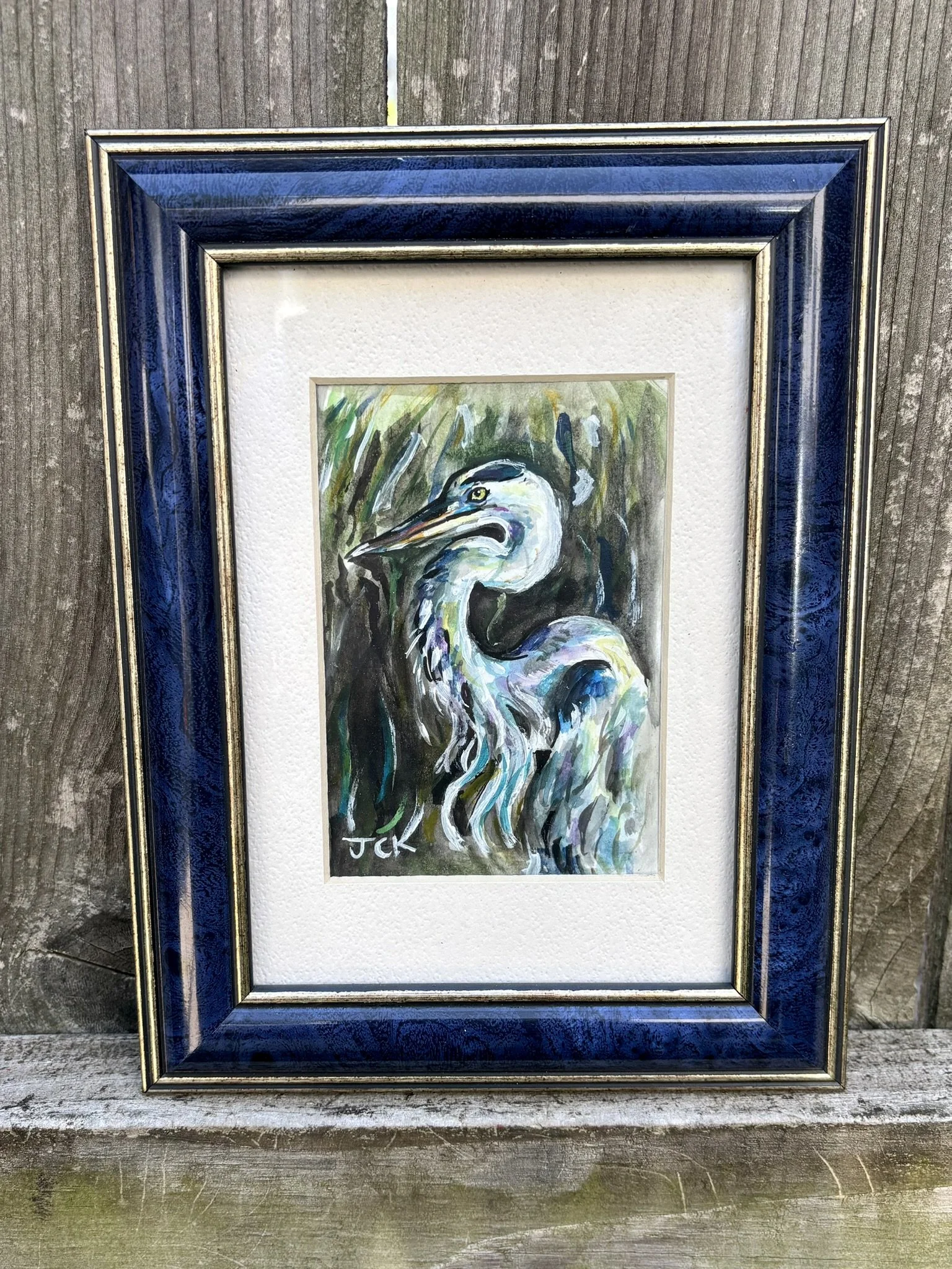 Great Blue Heron, 2026, 3x4.5 inches, gouache on multimedia paper in a 7x9 inch thrifted frame