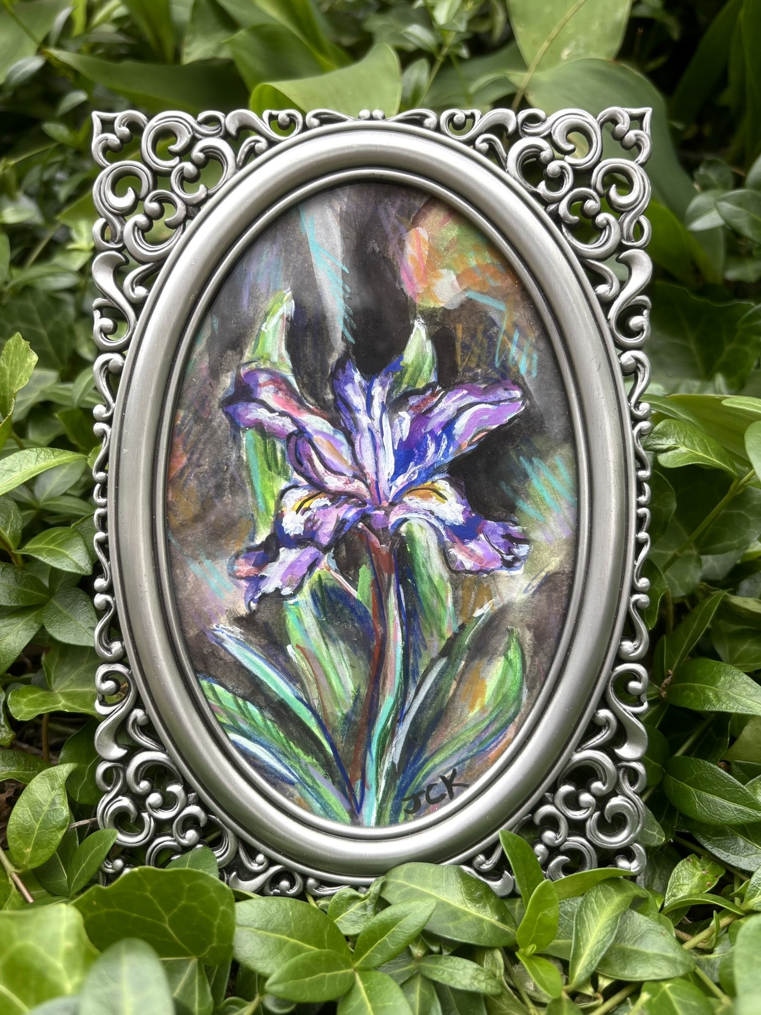 Dwarf Iris, 2026, 4x6 inches, gouache and colored pencil on multimedia paper in a 5x7 inch thrifted frame