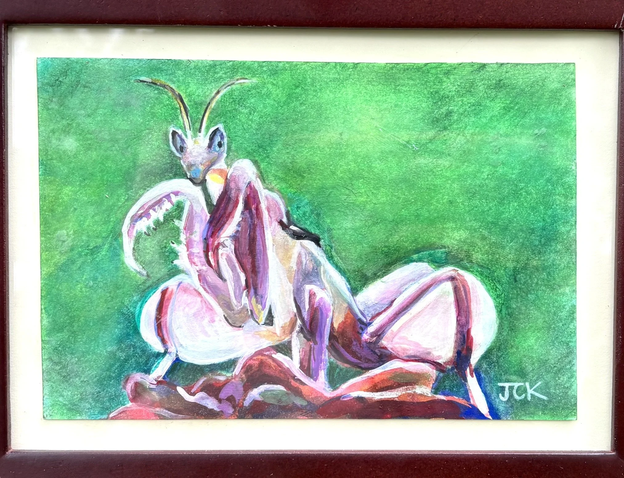 Orchid Mantis, 2026, 4x6 inches, gouache on multimedia paper in an 8x10 inch thrifted frame
