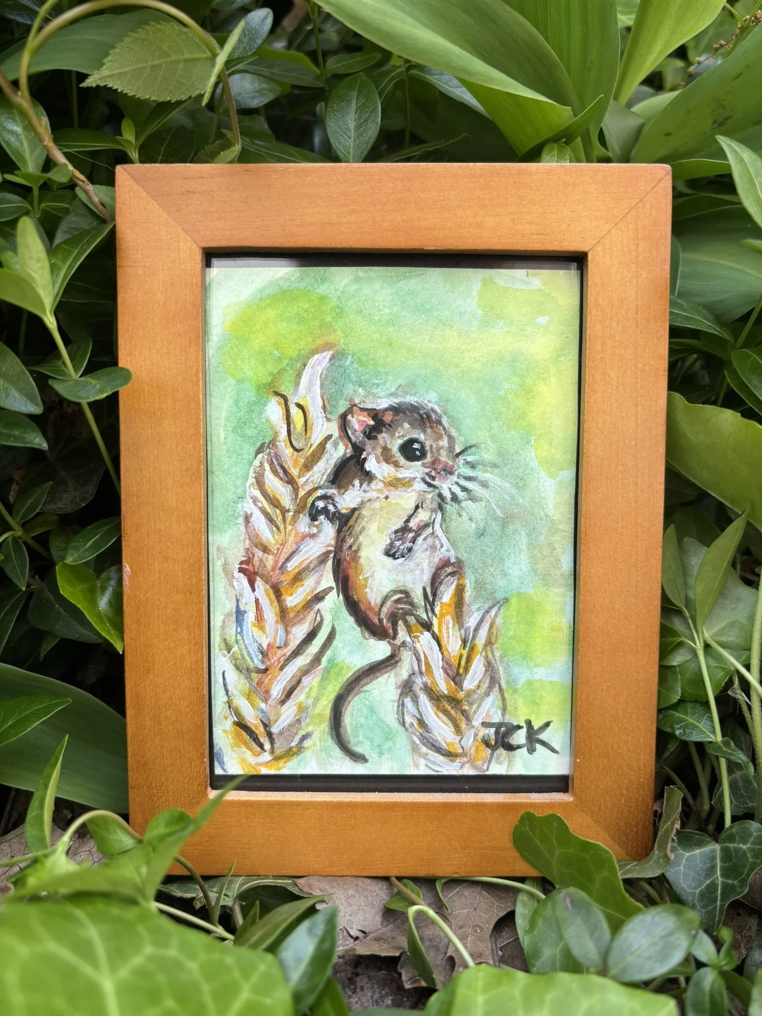 Field Mouse, 2026, 3.5x4.5 inches, gouache on multimedia paper in a thrifted frame
