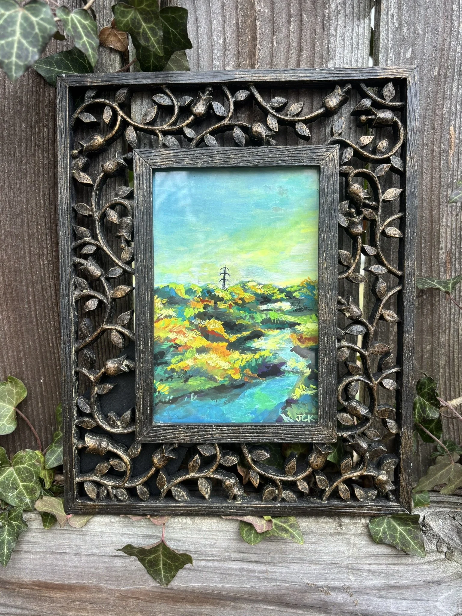 Field and Stream, 2026, 4x6 inches, gouache on multimedia paper in a 8x10 inch thrifted frame