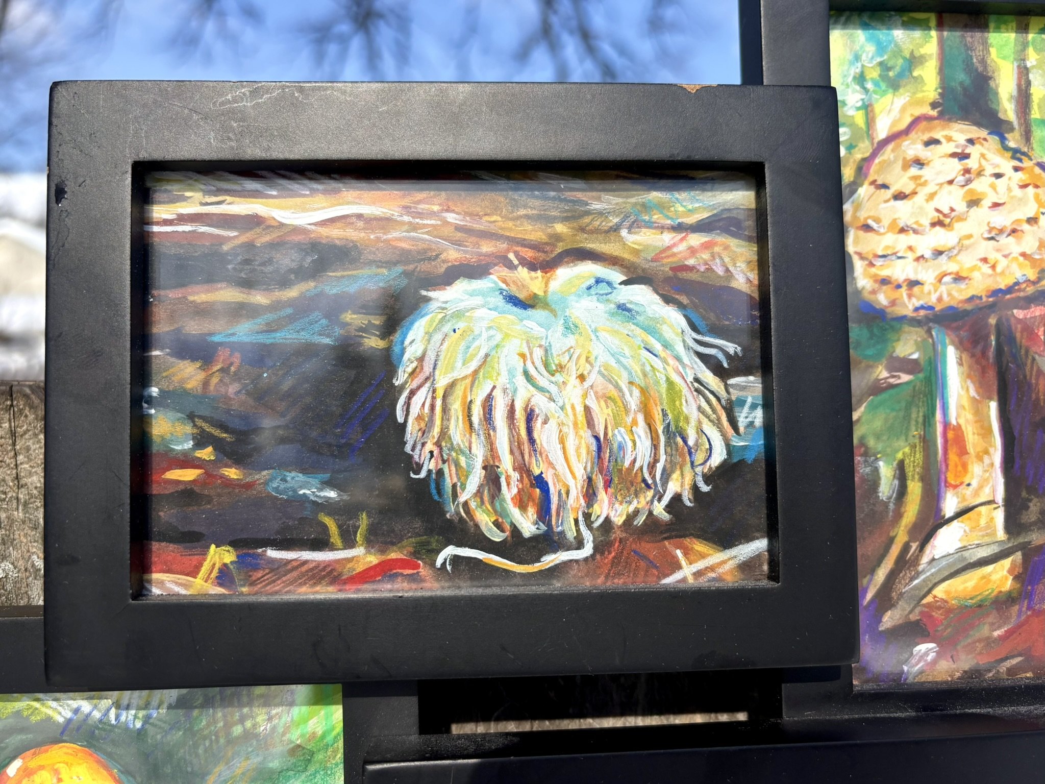 Mycology, 2026, 4.5x5.5 inches each, gouache and colored pencil on illustration board in thrifted 12.5x18 inch frame