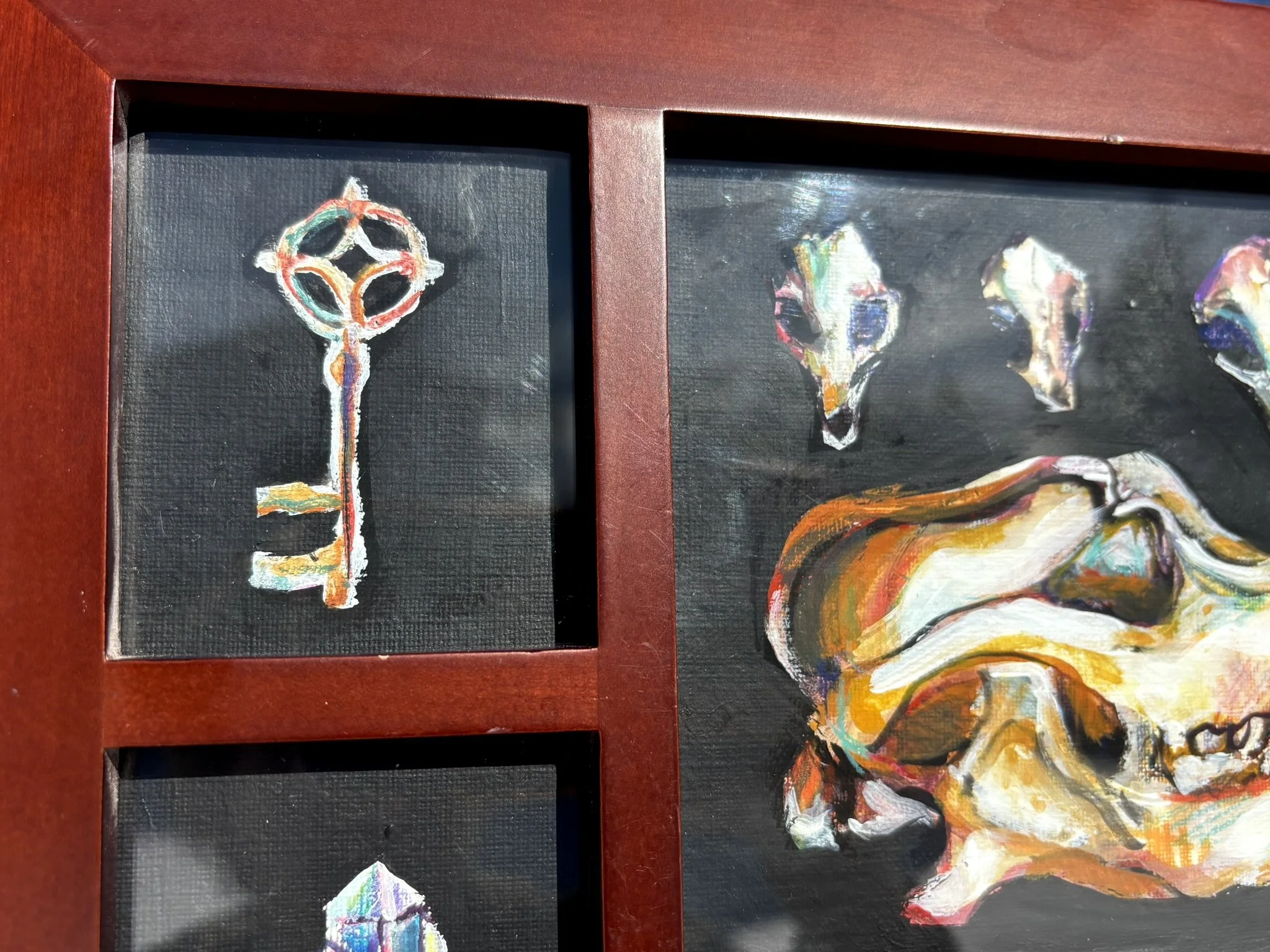 Curiosity Box, 2026, gouache and colored pencil on canvas paper in a 11x14 inch thrifted frame