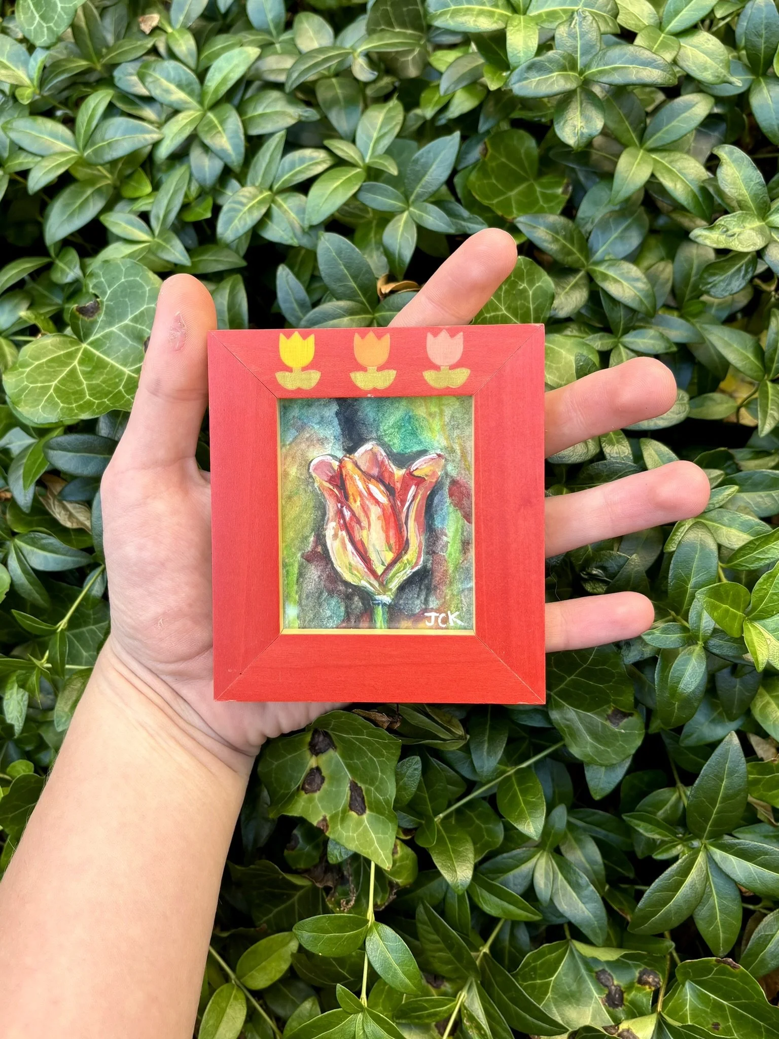 Tulip, 2026, 2x3.5 inches, gouache and colored pencil on multimedia paper in a 3.5x4 inch thrifted frame