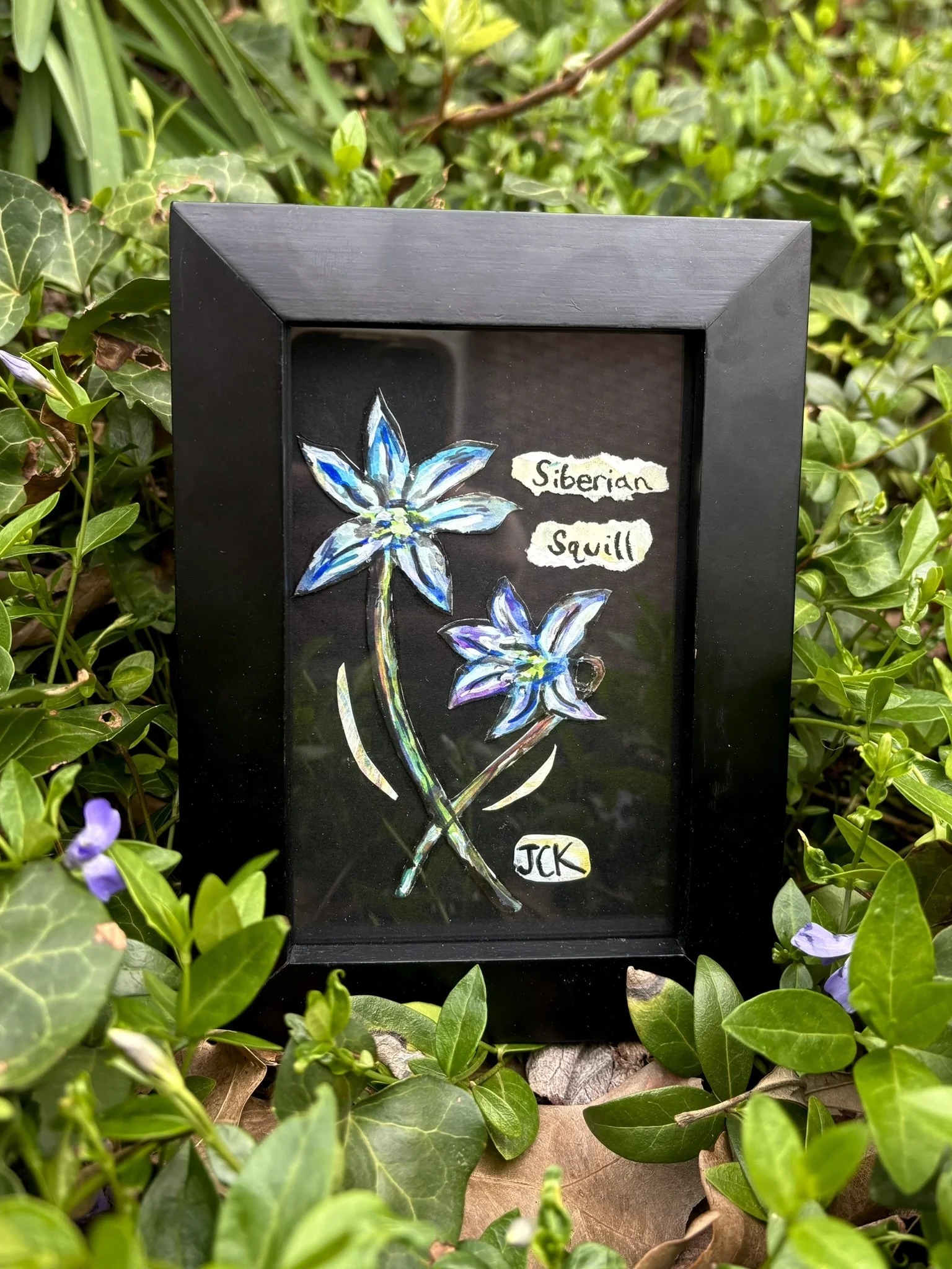 Siberian Squill, 2026, 4x6 inches, gouache on multimedia paper collage in a 5.5x7.5 inch thrifted frame