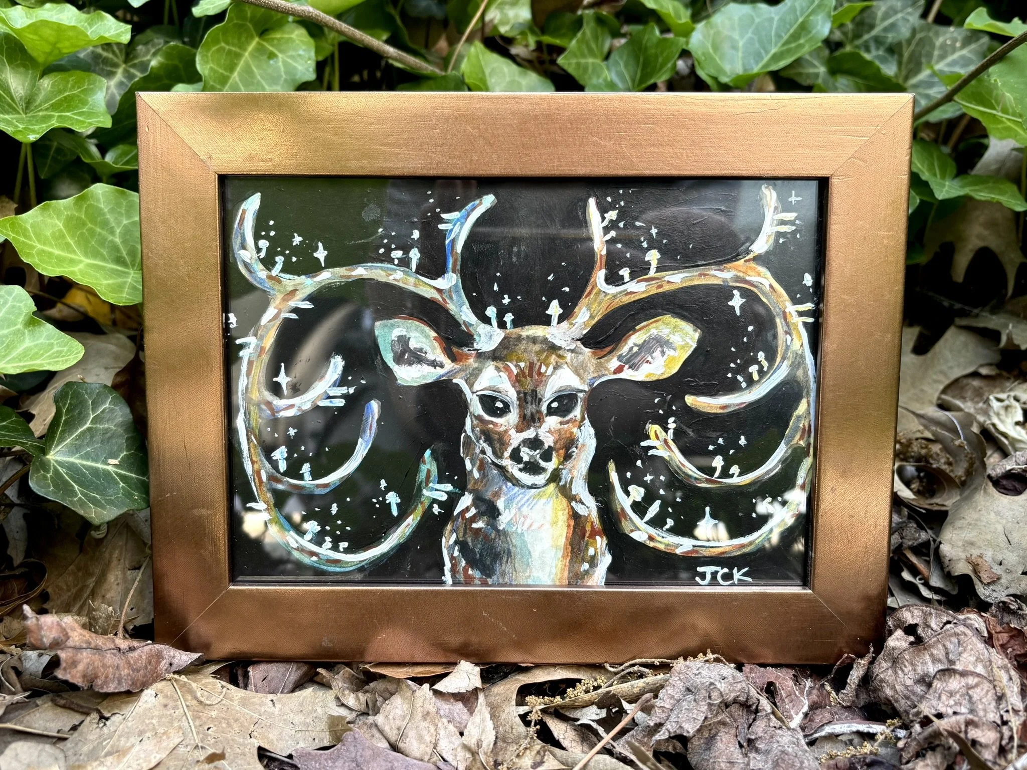 Whimsical Deer, 5x7 inches, 2026, gouache, acrylic, and colored pencil on multimedia paper in a 6.5x8.5 inch thrifted frame