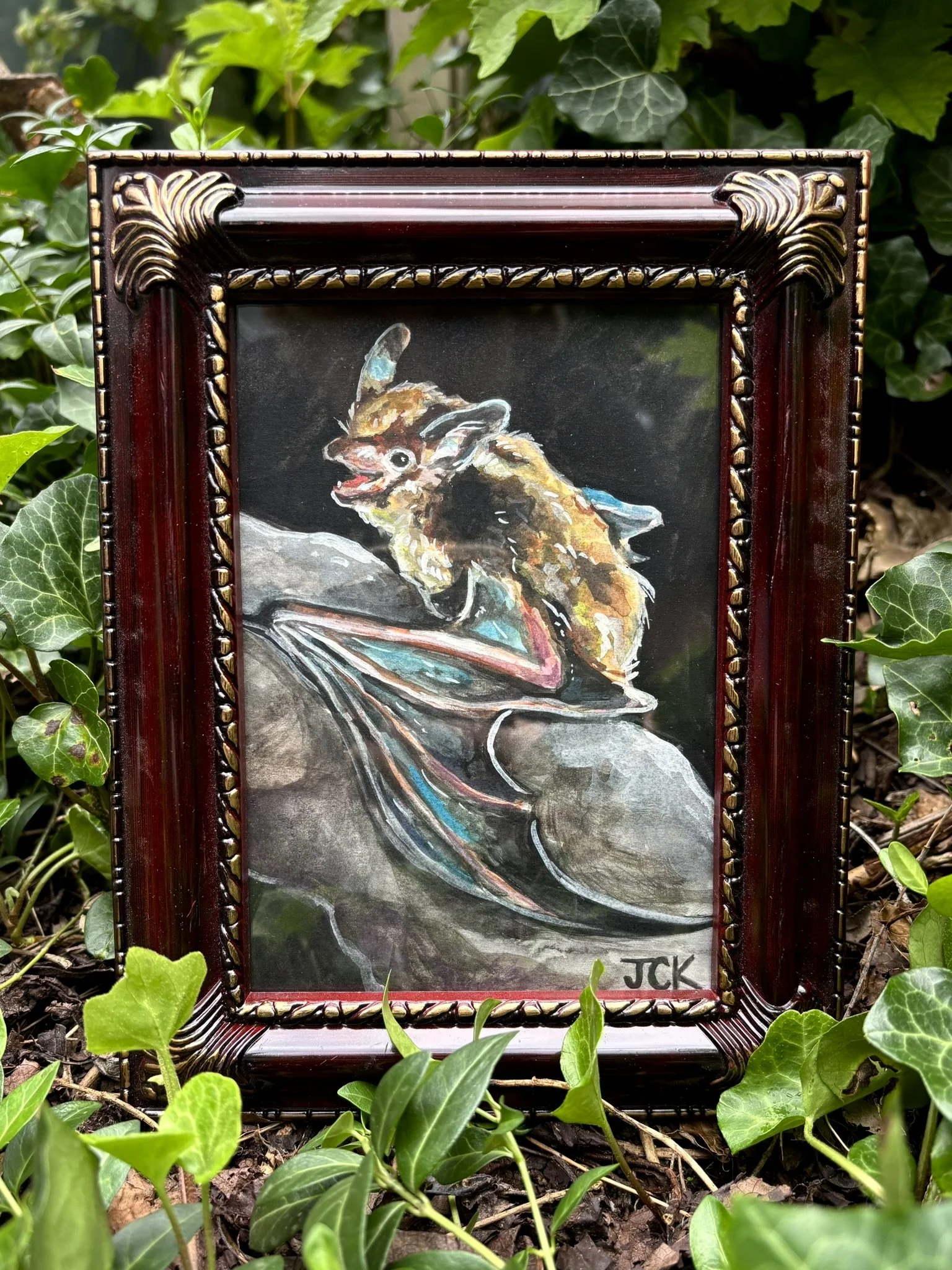 Little Brown Bat, 2026, 5x7 inches, gouache on multimedia paper in a 7x9 inch thrifted frame