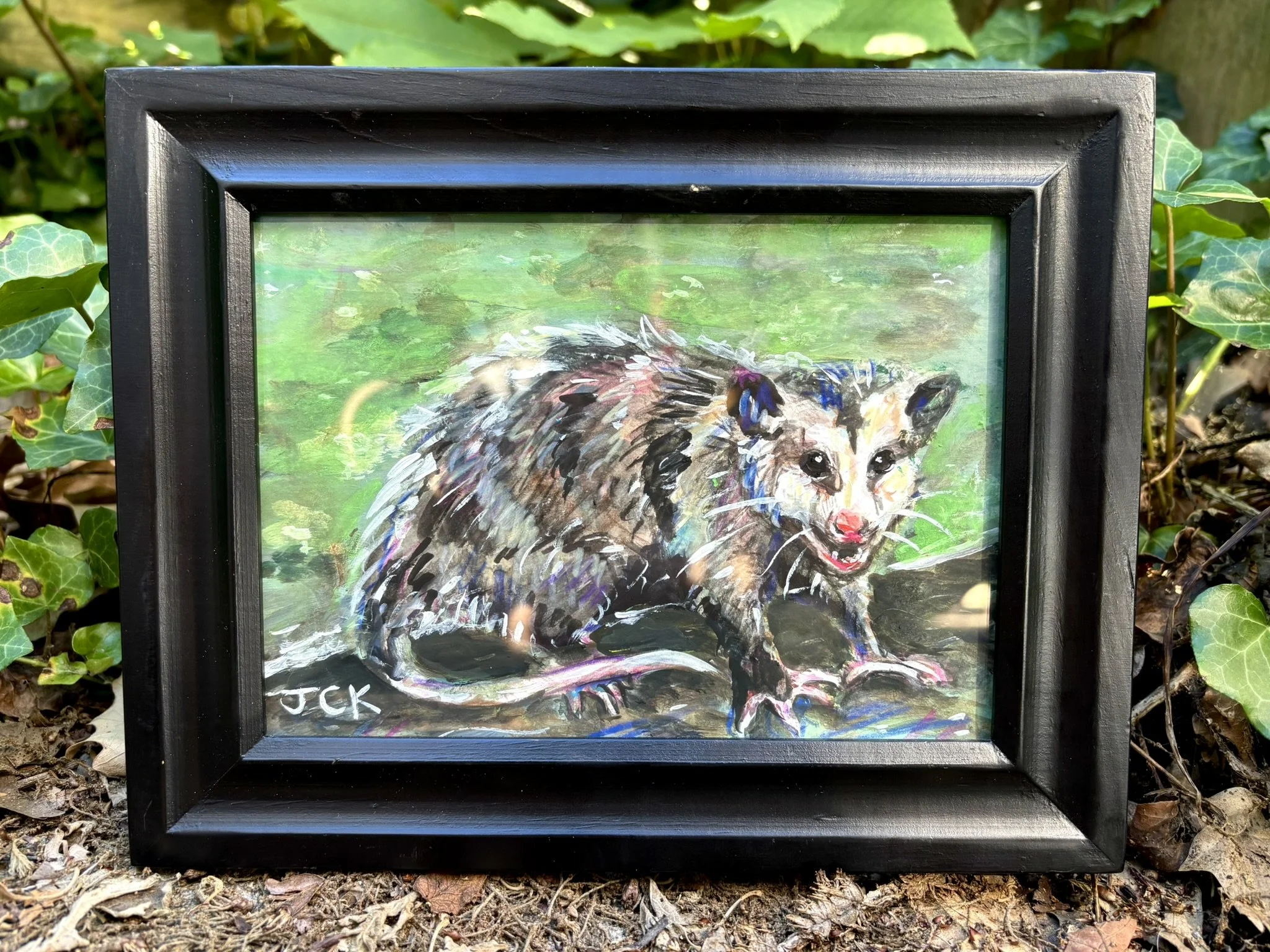 Possum, 2026, 5x7 inches, gouache and colored pencil on multimedia paper in a 7x9 inch thrifted frame