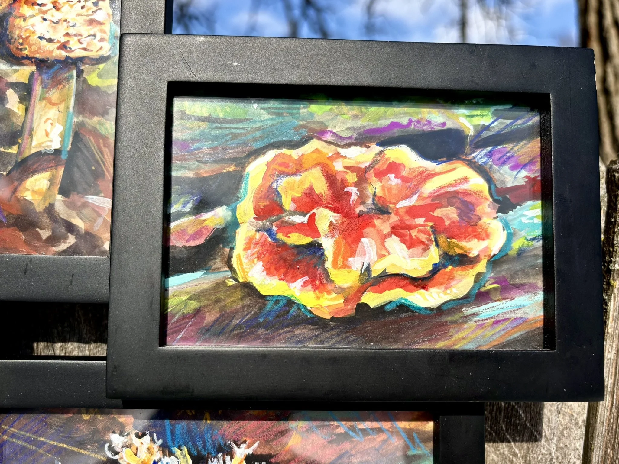 Mycology, 2026, 4.5x5.5 inches each, gouache and colored pencil on illustration board in thrifted 12.5x18 inch frame