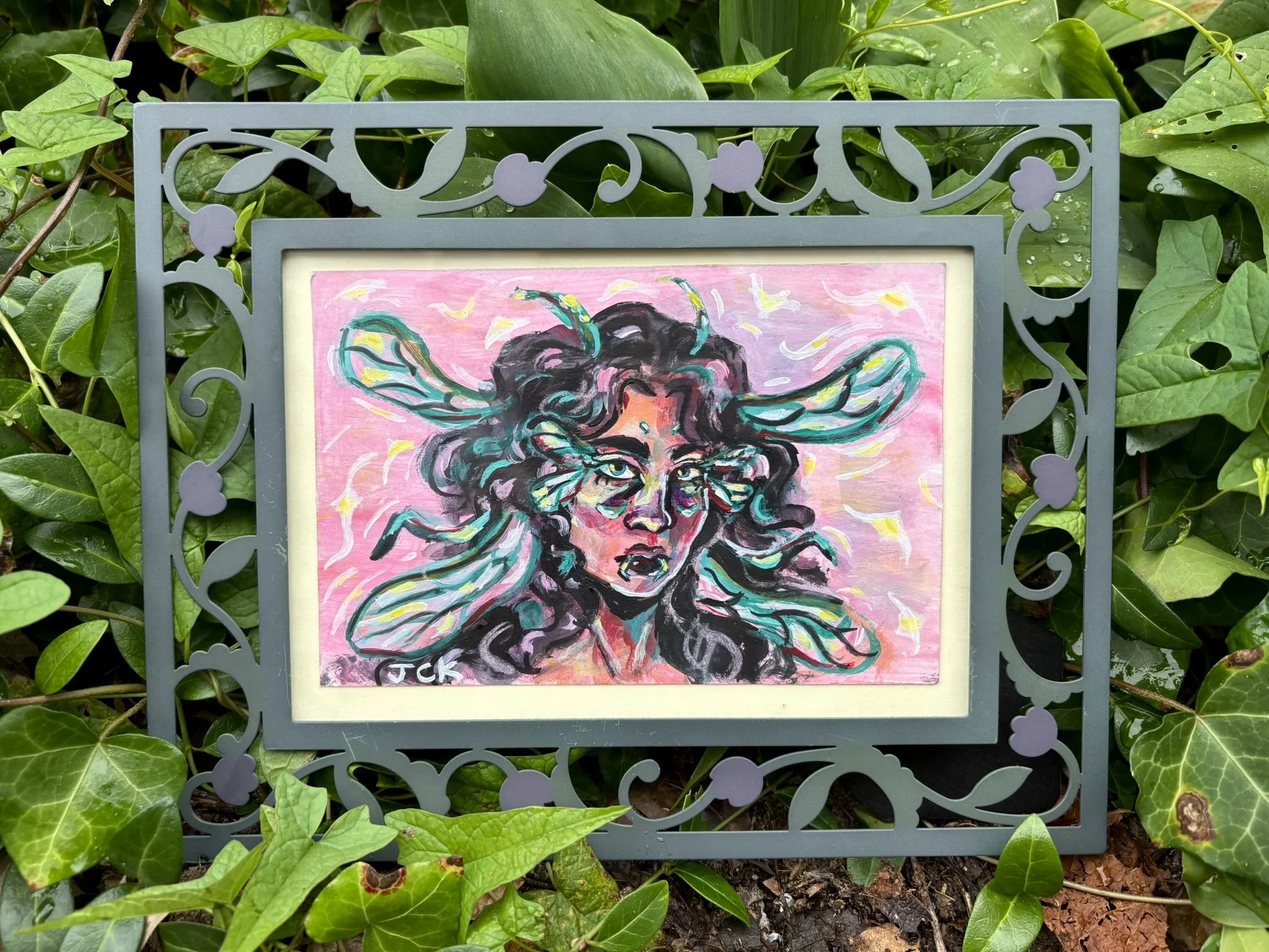 Cicada Girl, 2026, 5x7 inches, acrylic on multimedia paper in a thrifted frame
