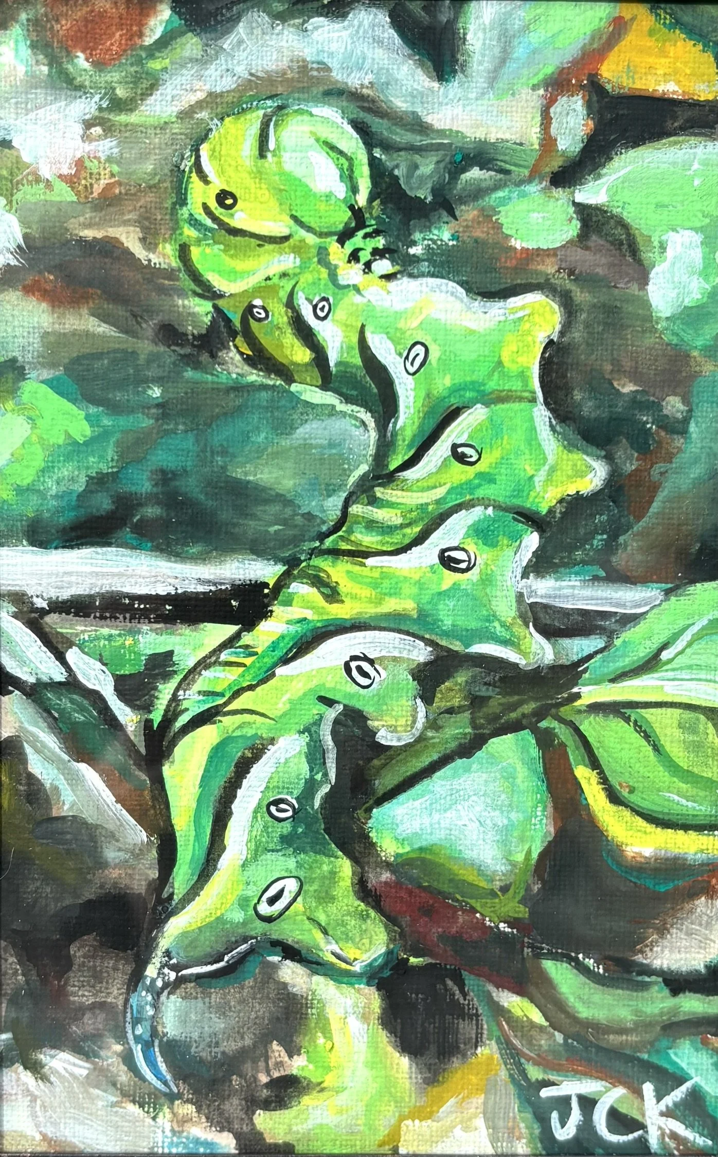 Paw Paw Sphinx, 2026, 4x6 inches gouache on canvas paper in a 6x8 inch thrifted frame