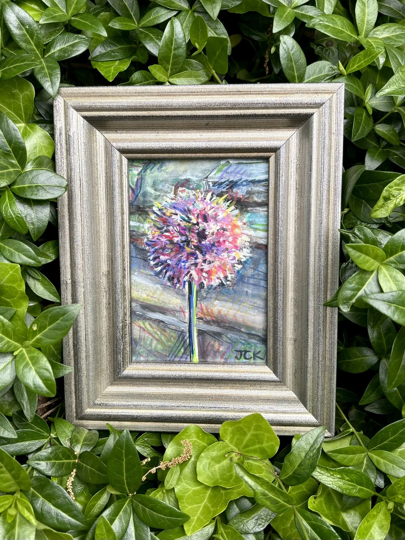 Allium, 2026, 4x6 inches, gouache and colored pencil on multimedia paper in a thrifted frame