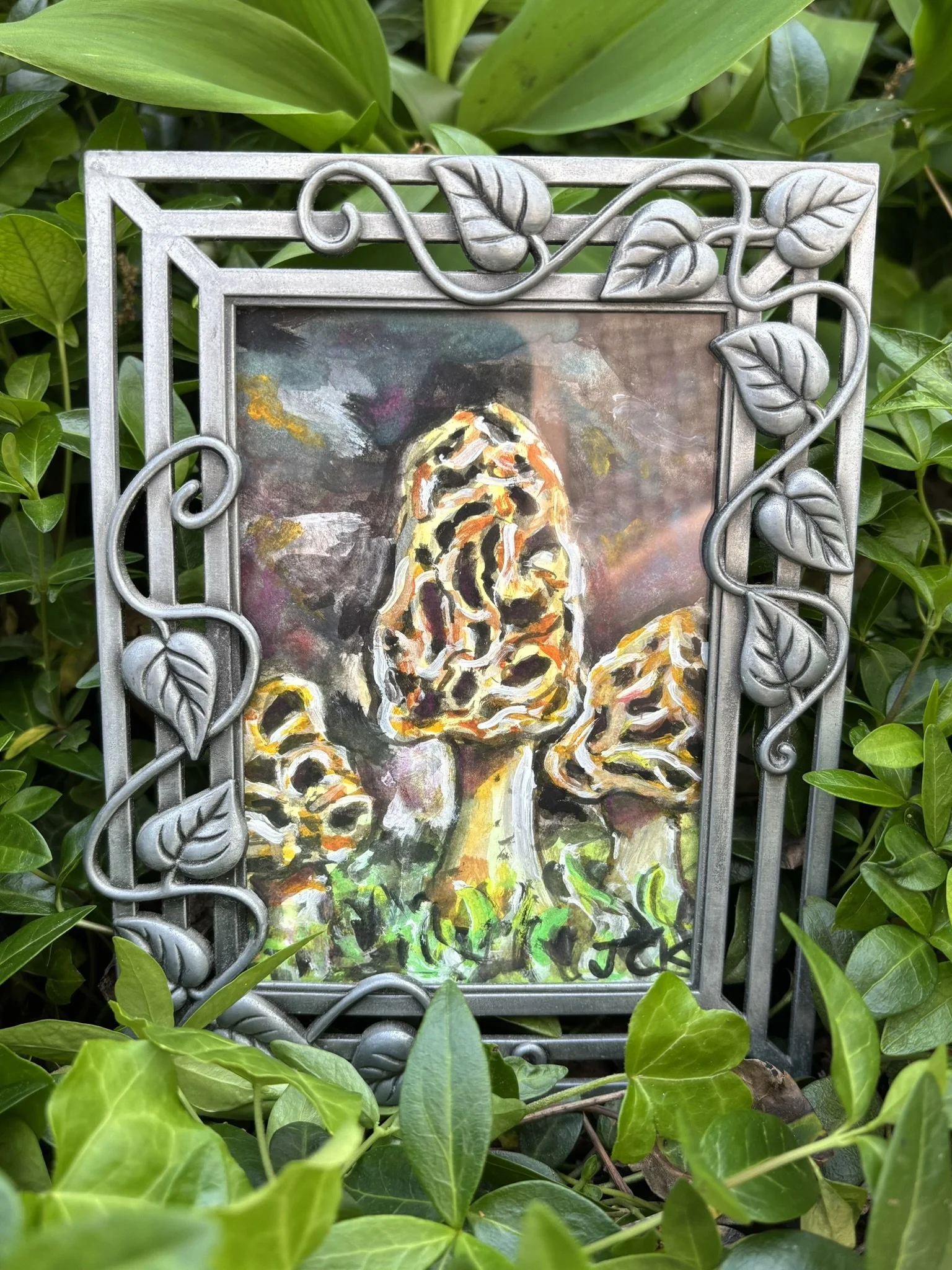 Morels, 2026, 3.5x5 inches, gouache on multimedia paper in a thrifted frame