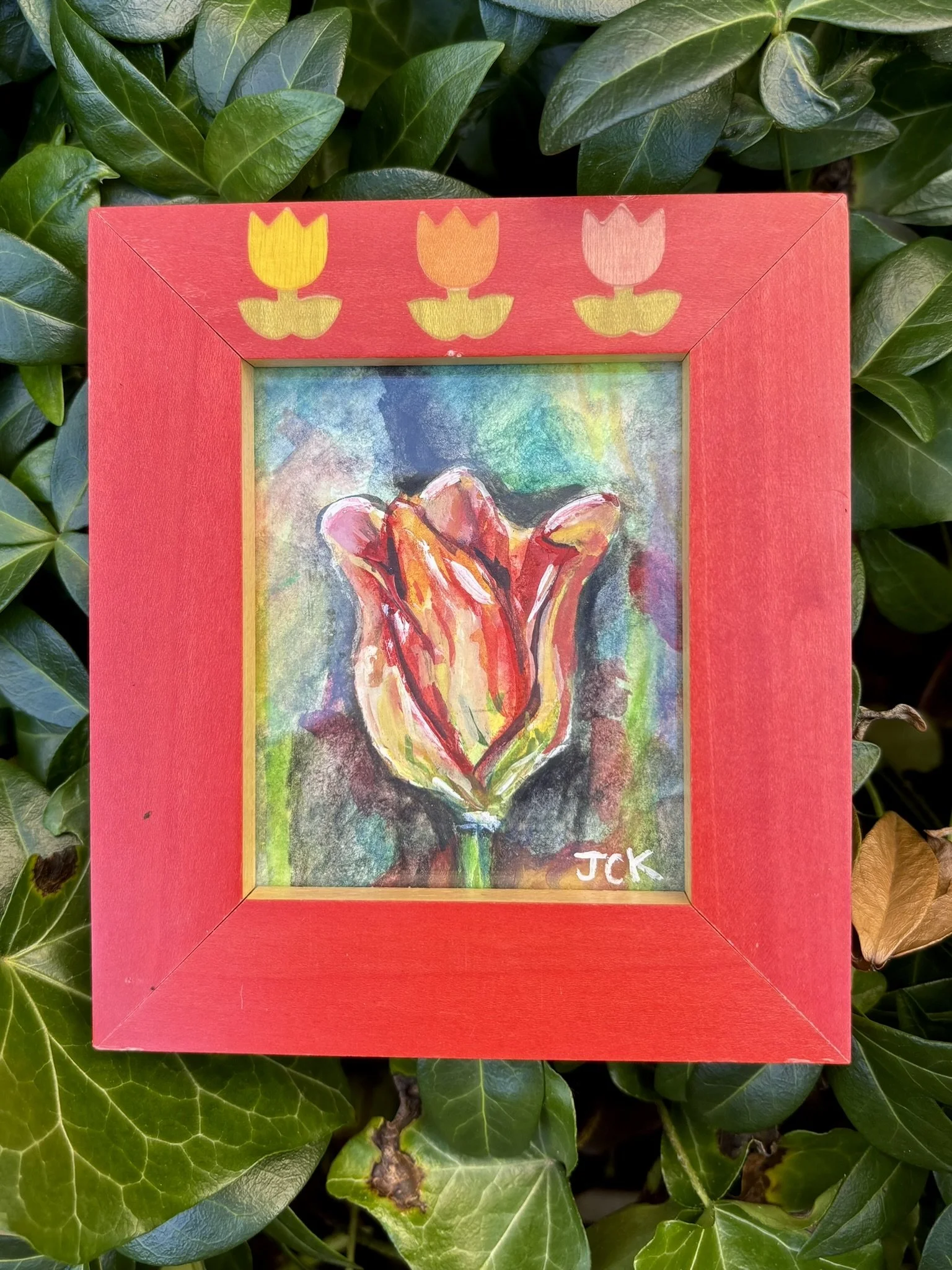 Tulip, 2026, 2x3.5 inches, gouache and colored pencil on multimedia paper in a 3.5x4 inch thrifted frame