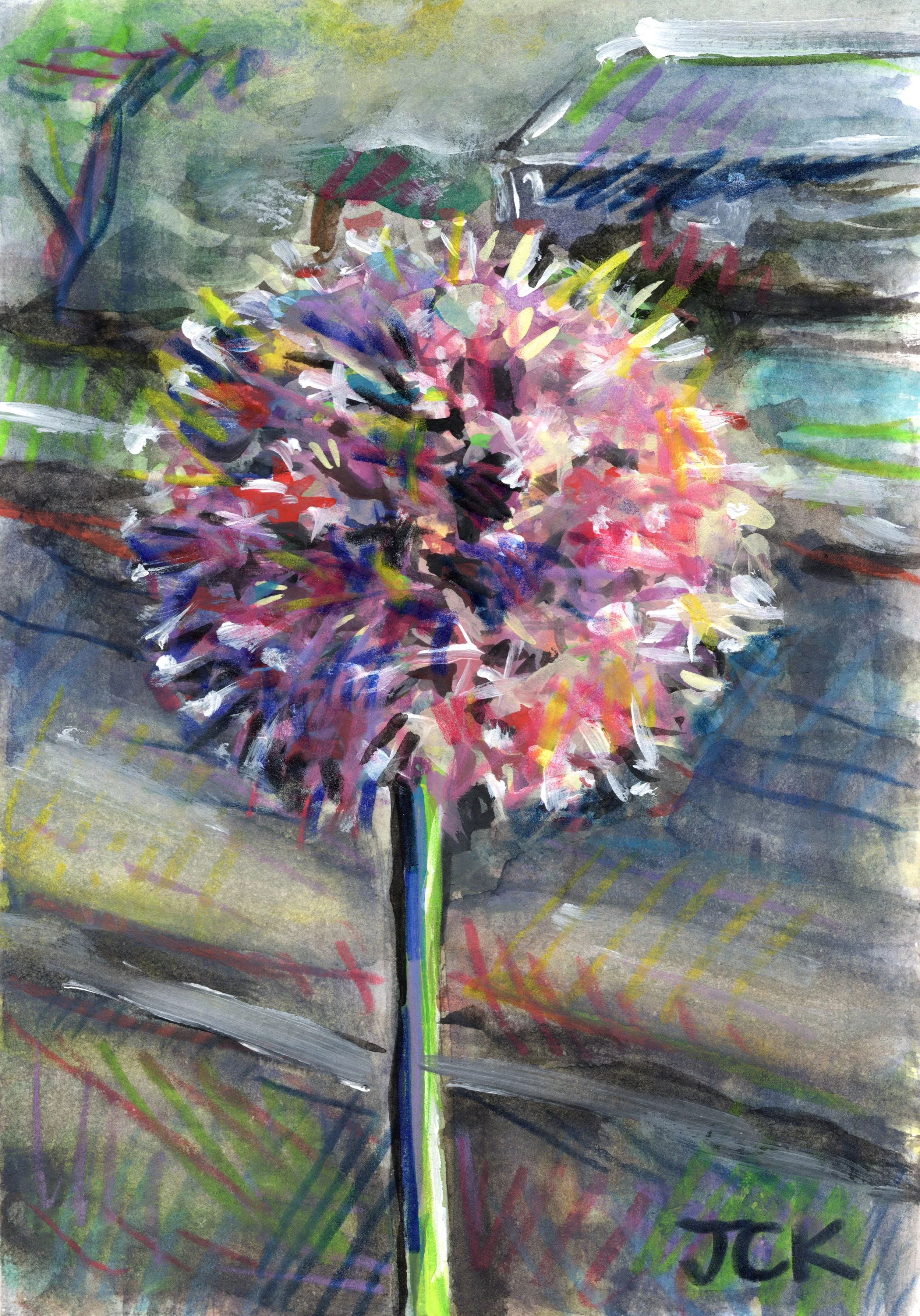 Allium, 2026, 4x6 inches, gouache and colored pencil on multimedia paper in a thrifted frame