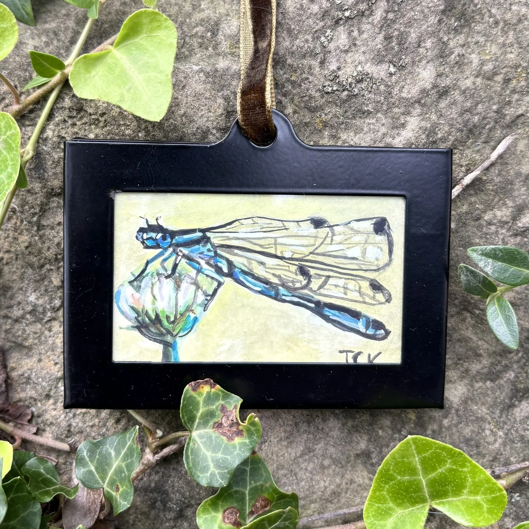 Bluet Damselfly - SOLD, 2026, 2x3 inches, gouache on multimedia paper