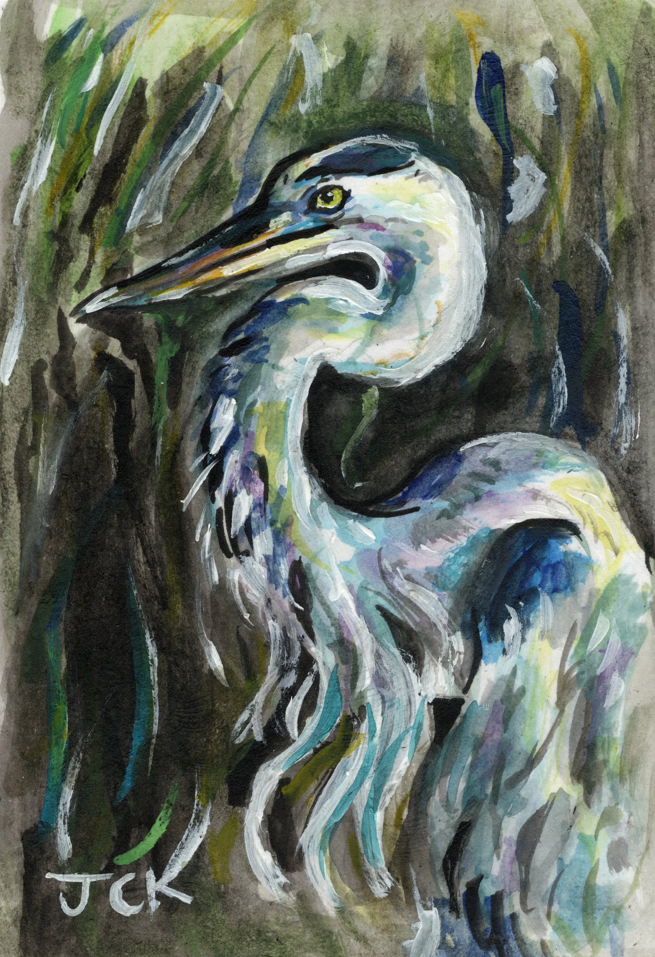 Great Blue Heron, 2026, 3x4.5 inches, gouache on multimedia paper in a 7x9 inch thrifted frame