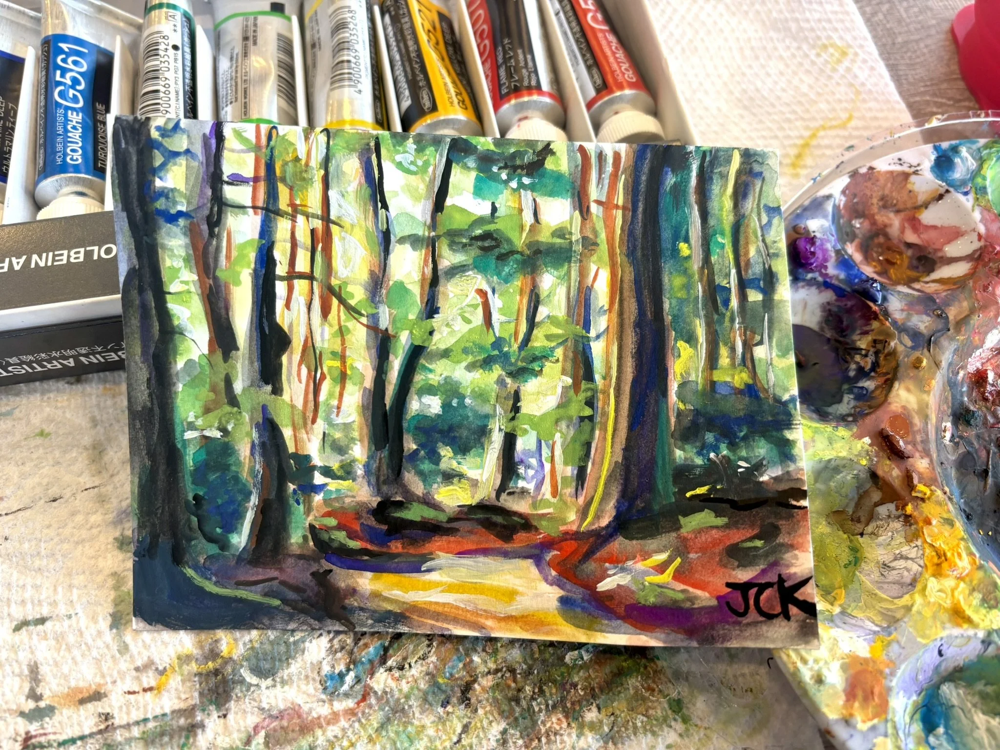 Forest, 2026, 4x5.5 inches, gouache on multimedia paper in a 7x9 inch thrifted frame