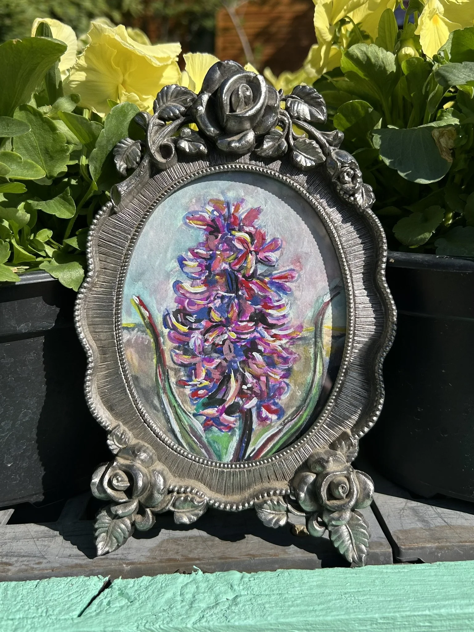 Hyacinth, 2026, 4x5 inches, gouache on multimedia paper in a 5.5x7.5 inch thrifted frame