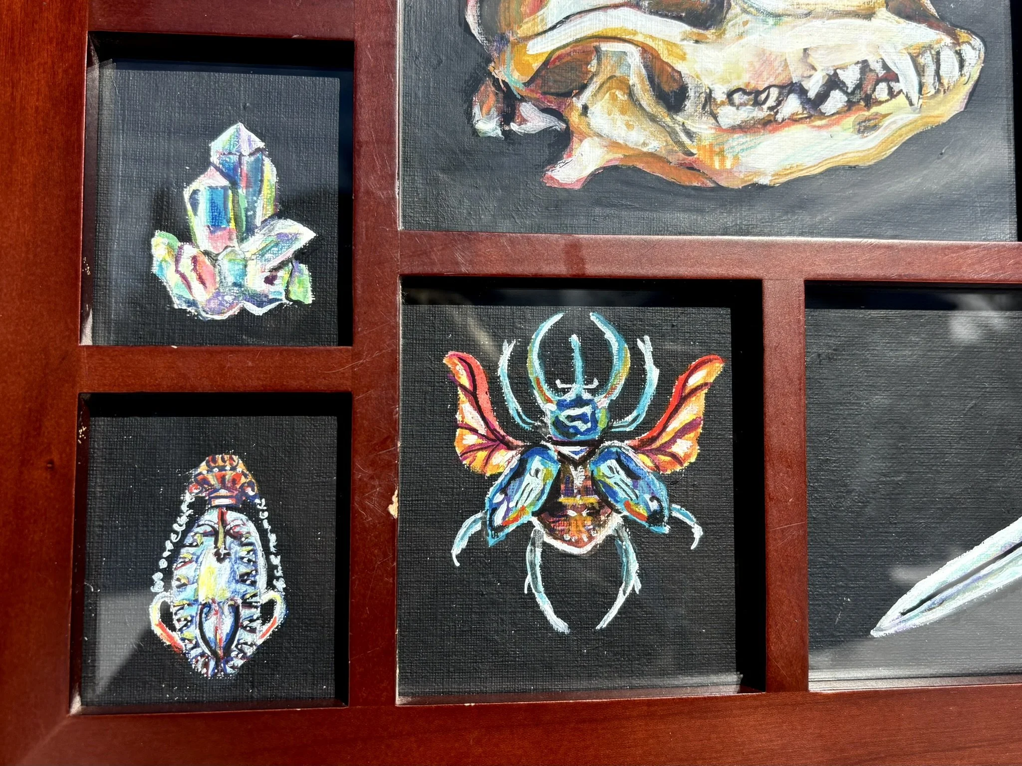 Curiosity Box, 2026, gouache and colored pencil on canvas paper in a 11x14 inch thrifted frame