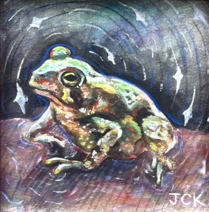 Cosmic Frog, 2026, 5x5 inches, gouache on watercolor paper in a thrifted 7.5x7.5 inch frame