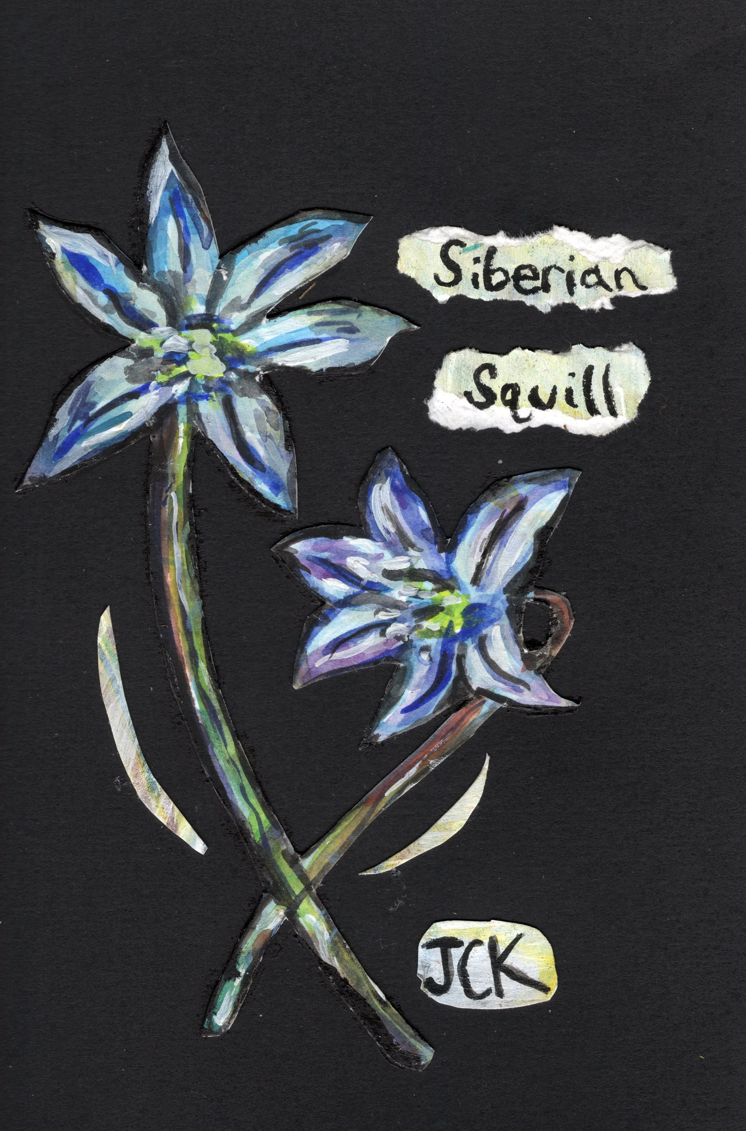 Siberian Squill, 2026, 4x6 inches, gouache on multimedia paper collage in a 5.5x7.5 inch thrifted frame