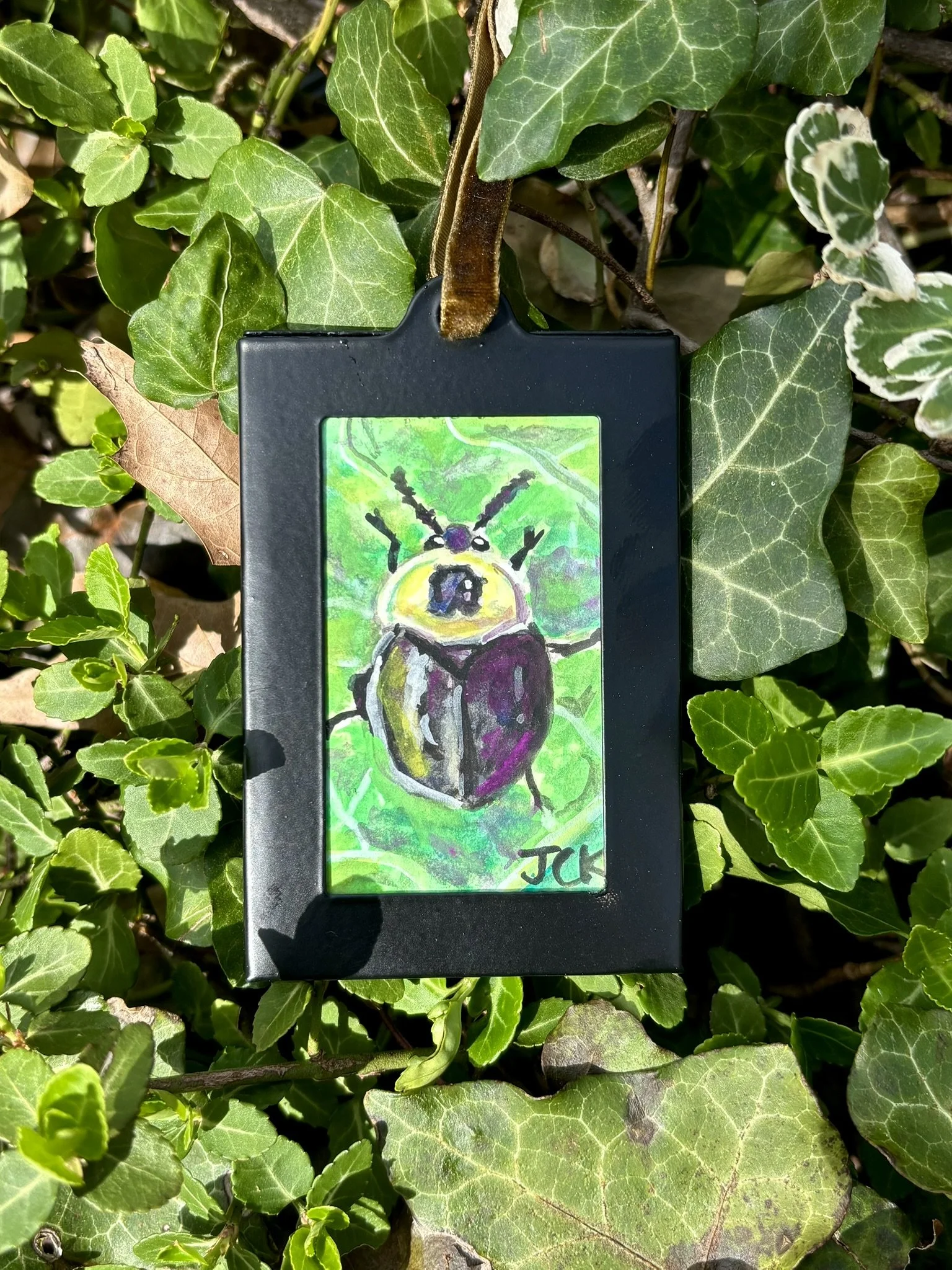 American Carrion Beetle, 2026, 2x3 inches, gouache on multimedia paper