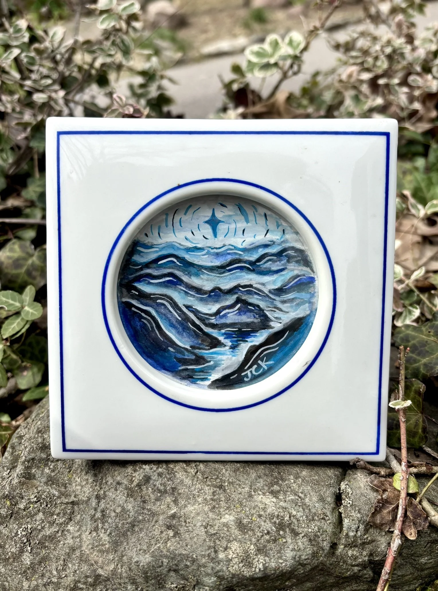 Blue Landscape, 2026, 4x4 inches, gouache on multimedia paper in a 5.5x5.5 inch thrifted frame