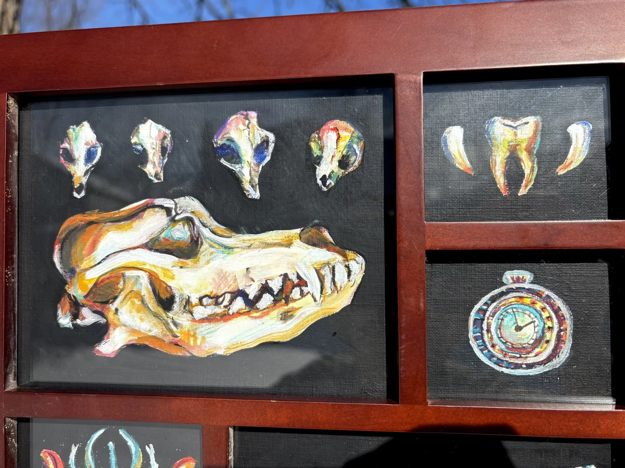 Curiosity Box, 2026, gouache and colored pencil on canvas paper in a 11x14 inch thrifted frame