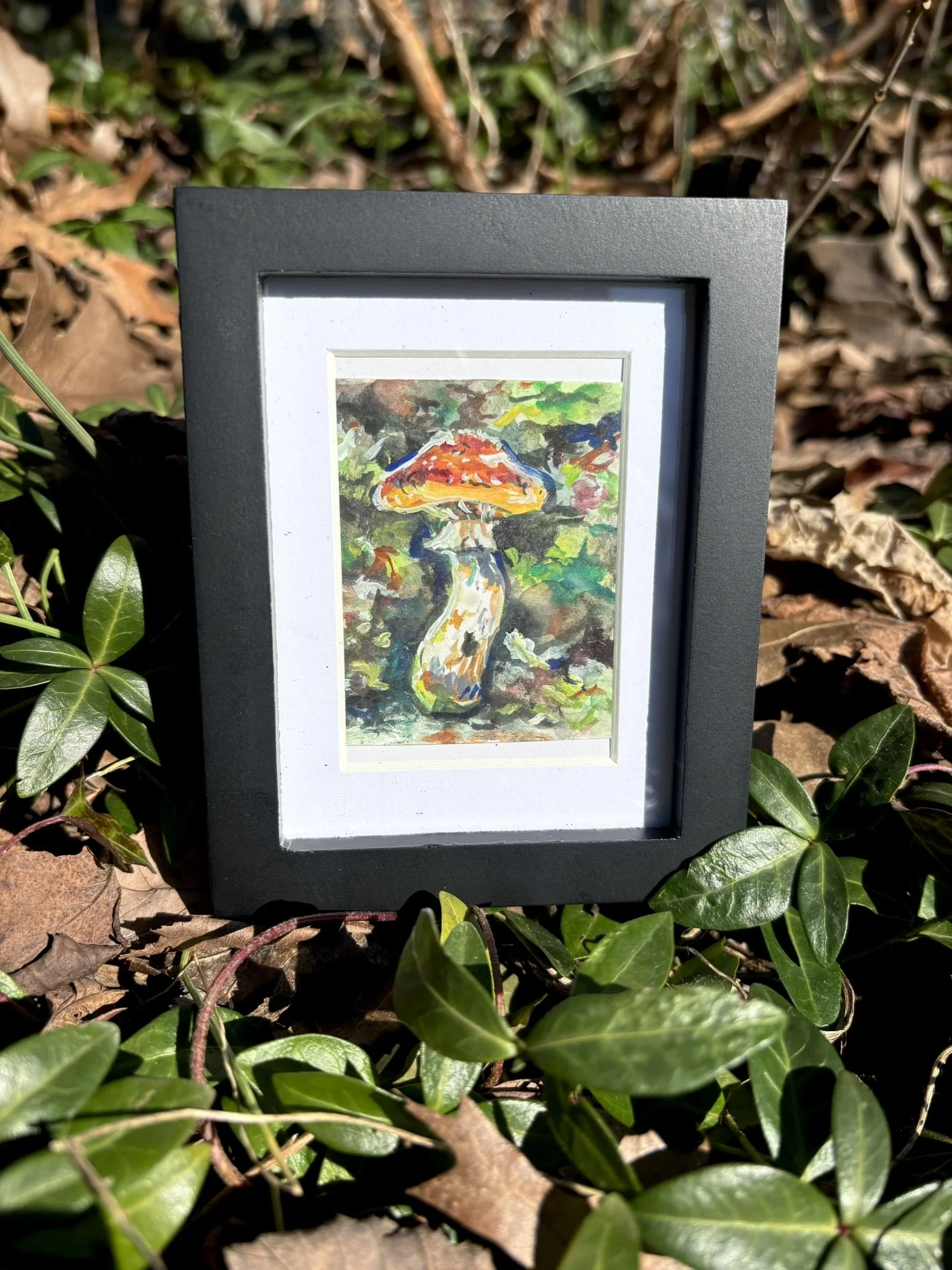 Bulbous Honey Fungus, 2026, 2x3 inches, gouache on multimedia paper in a 4x5 frame
