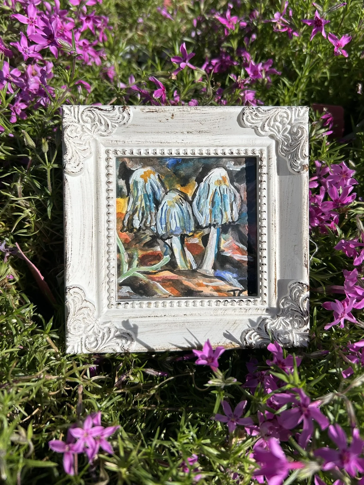 Shaggy Inkcap, 2026, 3x3 inches, gouache on multimedia paper in a 4.5x4.5 inch frame