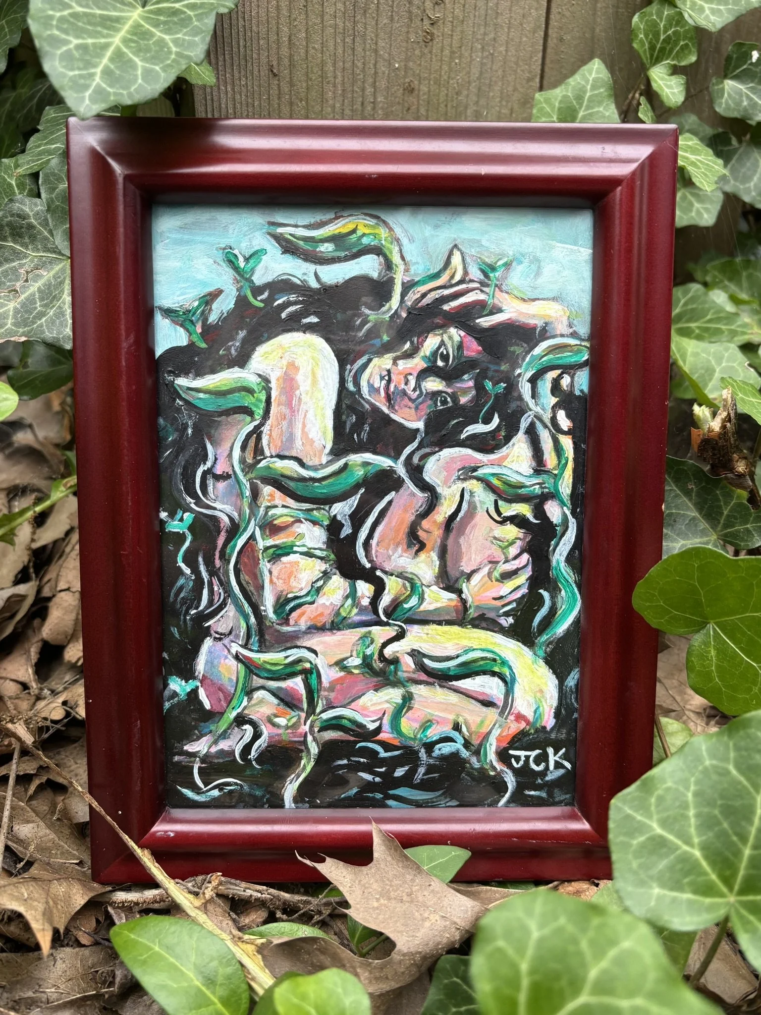 Overgrown, 2026, 5x7 inches, gouache and acrylic on multimedia paper in a thrifted frame