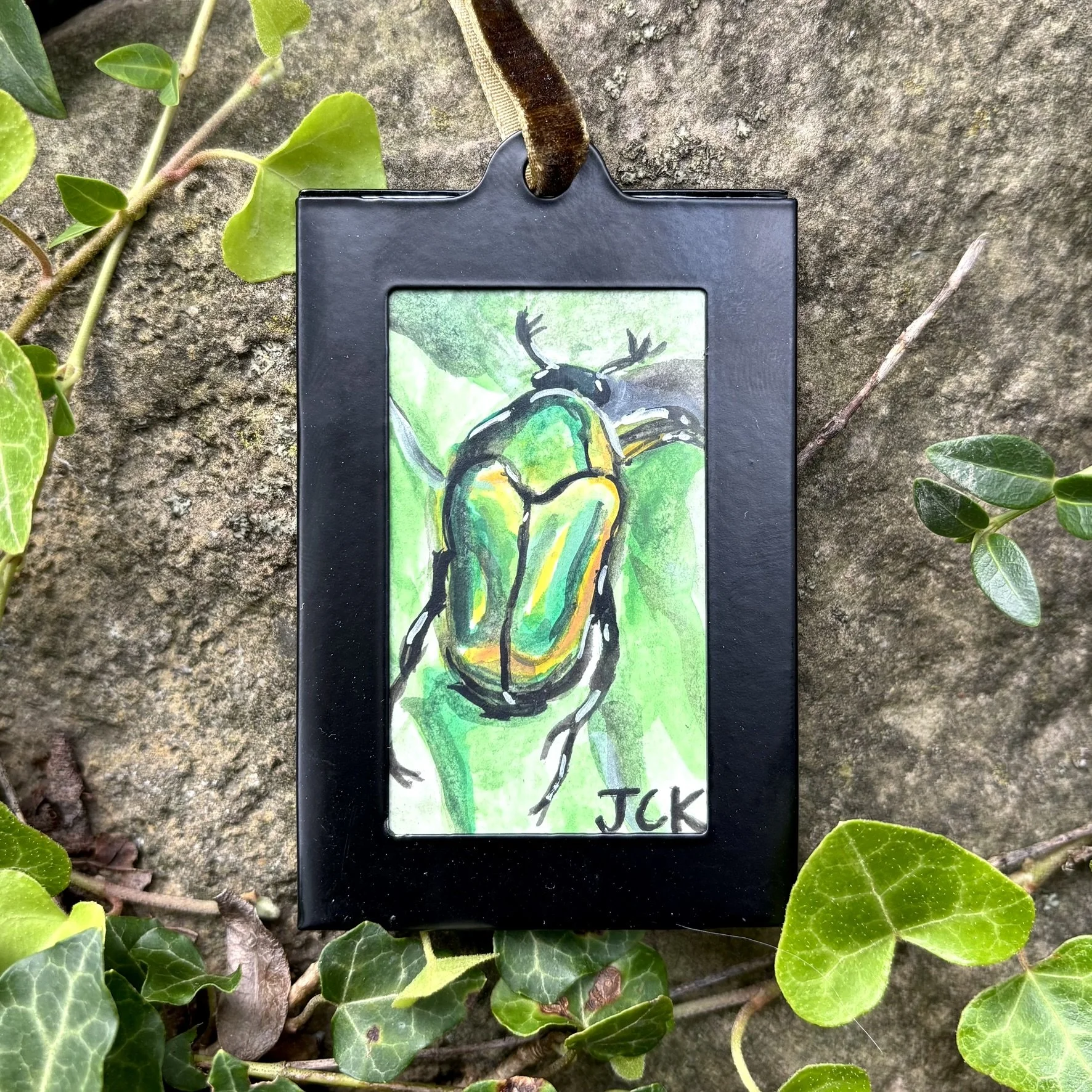 Green June Beetle, 2026, 2x3 inches, gouache on multimedia paper