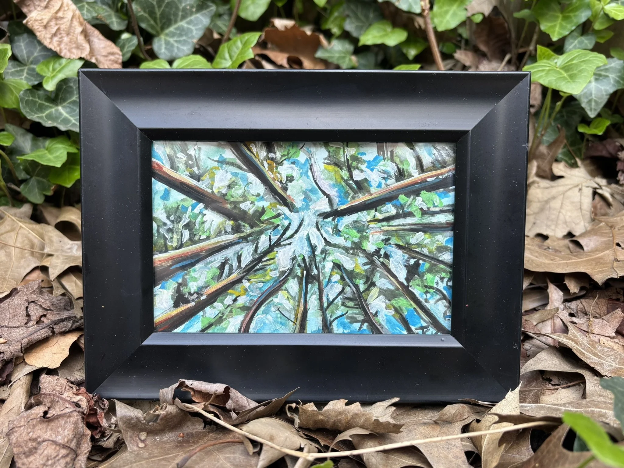 Upward, 2026, 4x6 inches, gouache on multimedia paper in a thrifted frame