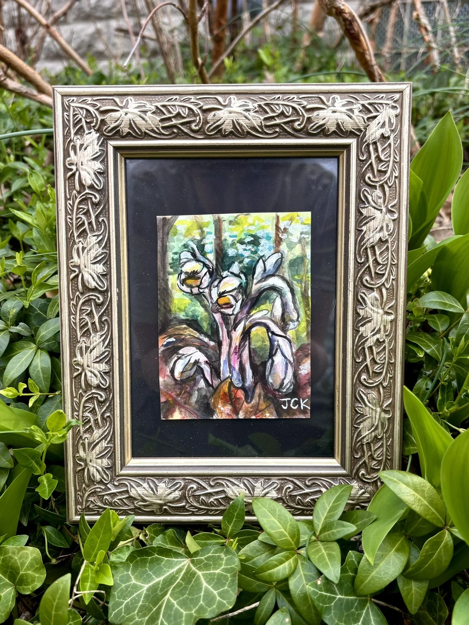 Ghost Pipe, 2026, 3.5x4.5 inches, gouache on multimedia paper  in a 7.5x9.5 inch thrifted frame