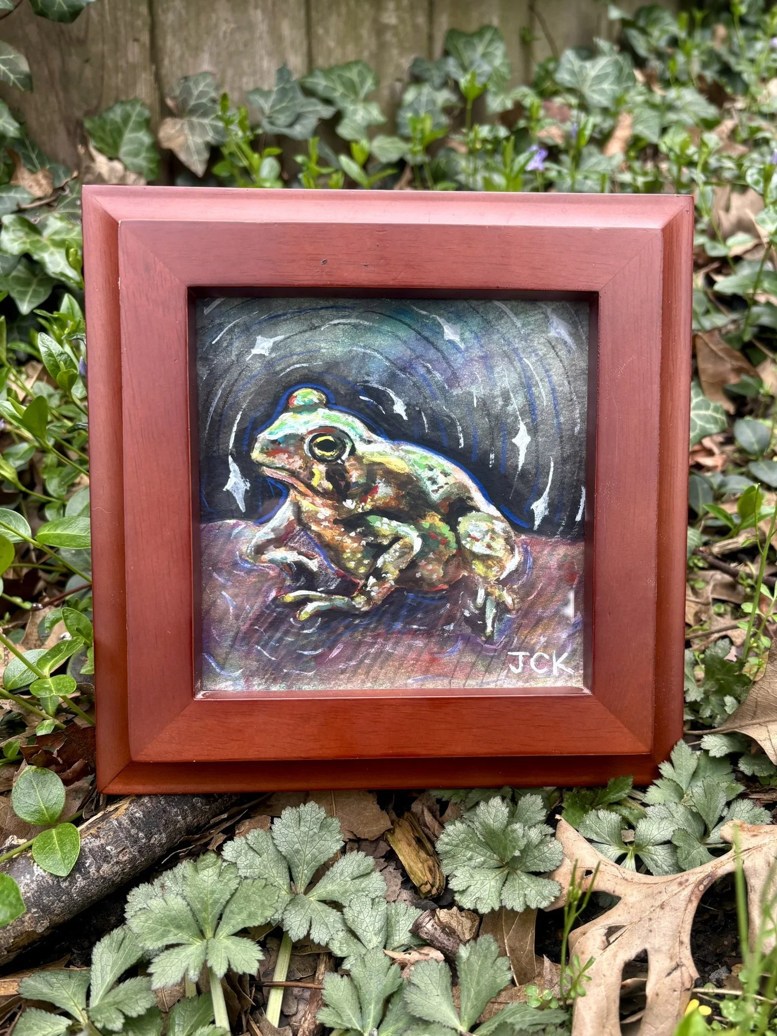 Cosmic Frog, 2026, 5x5 inches, gouache on watercolor paper in a thrifted 7.5x7.5 inch frame